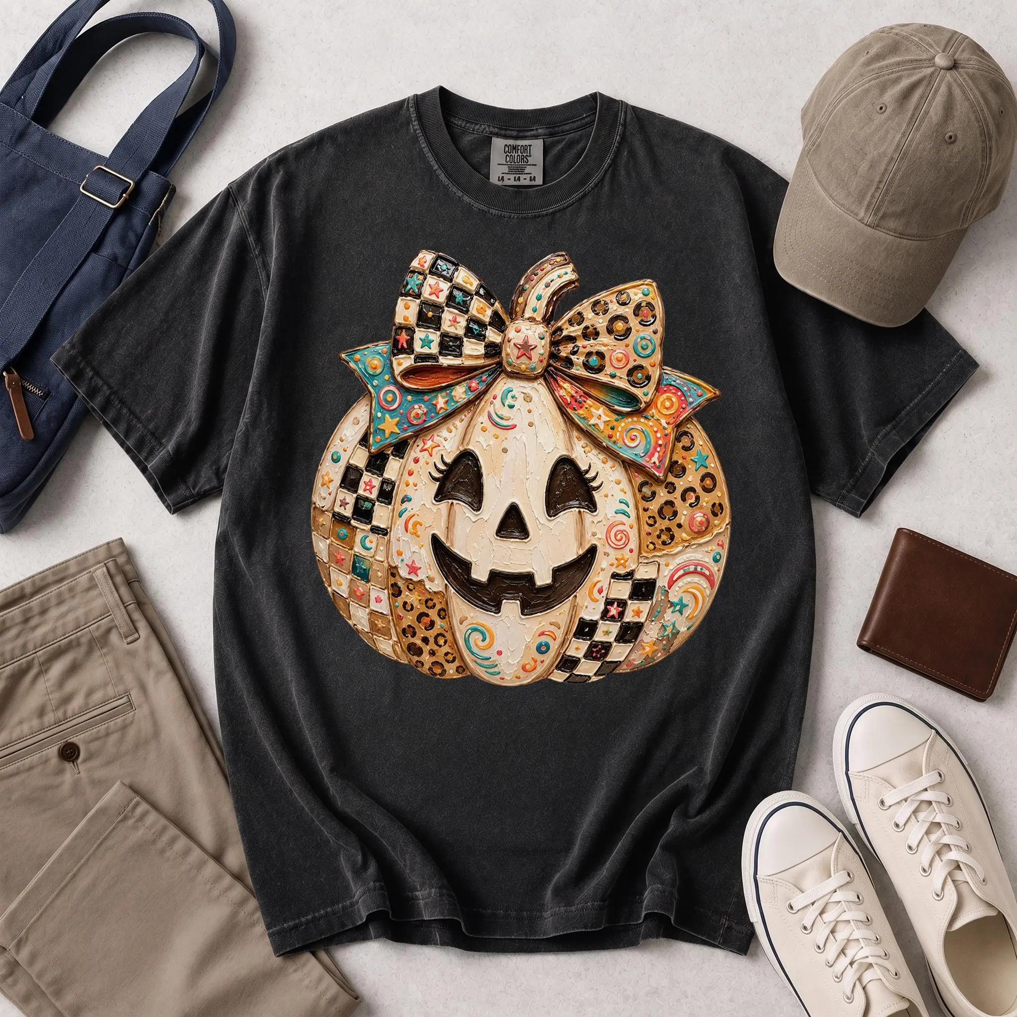 Comfort Colors Neutral Checkered Leopard Pumpkin Shirt, Coquette Bow Jack O Lantern Beige Fall Halloween Gift - photo 5