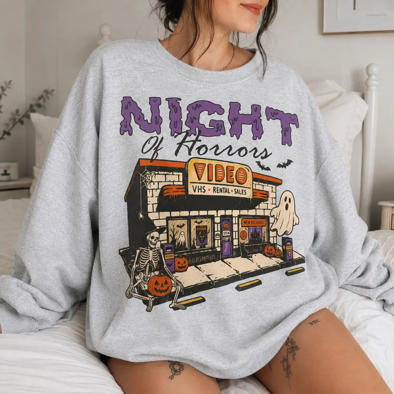 Night Of Horrors Video Store Sweatshirt, Vintage VHS Rental Halloween Ghost Skeleton Pumpkin Crewneck