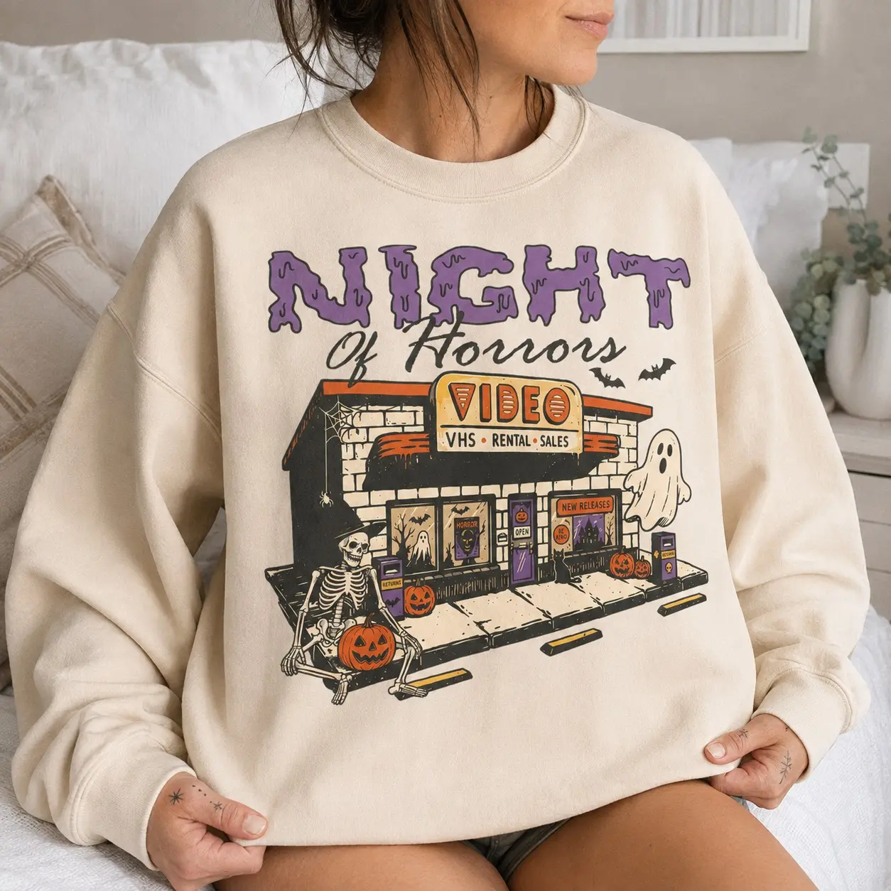 Night Of Horrors Video Store Sweatshirt, Vintage VHS Rental Halloween Ghost Skeleton Pumpkin Crewneck - photo 2