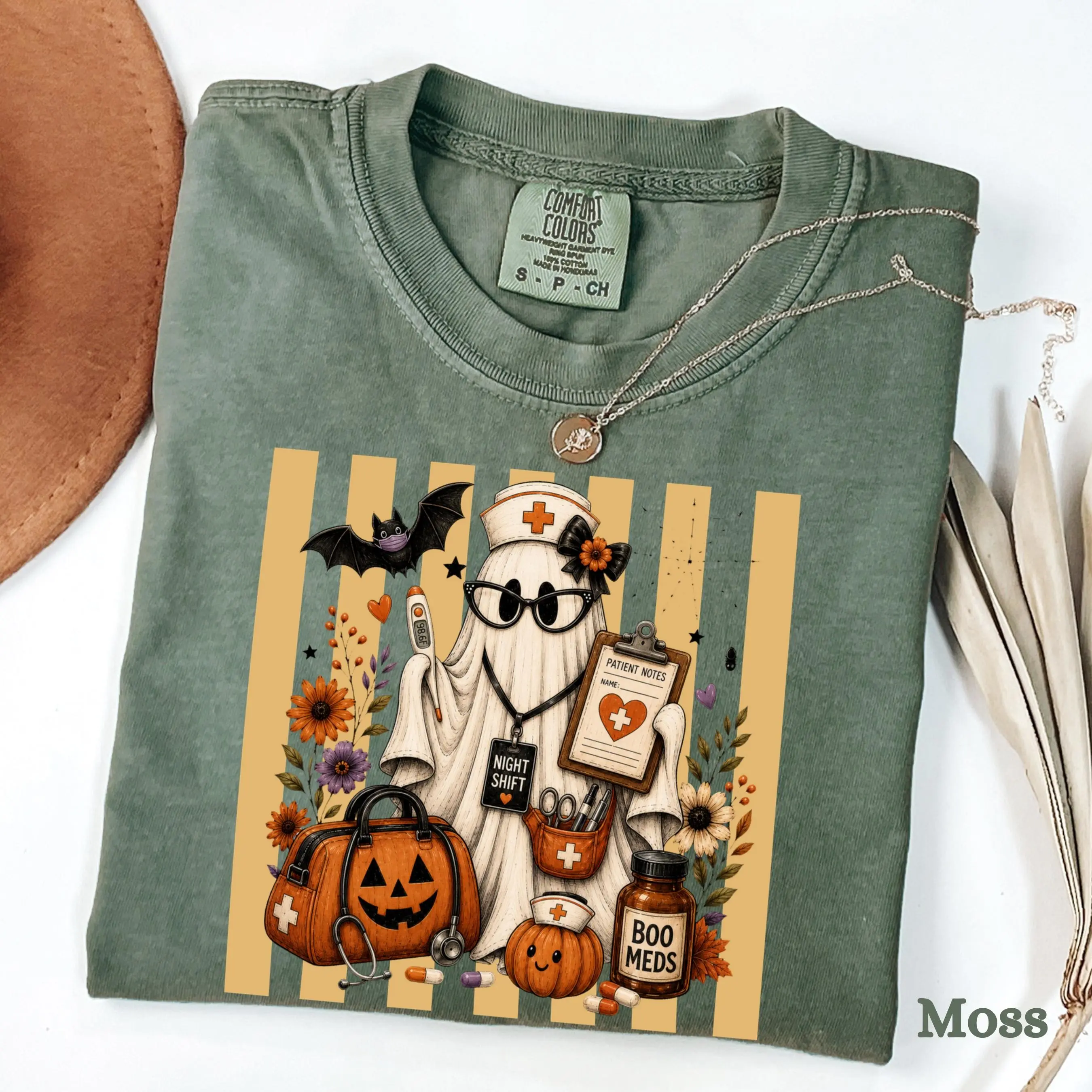 Comfort Colors Night Shift Nurse Halloween Shirt, Boo Meds Spooky Ghost Fall Gift Tee