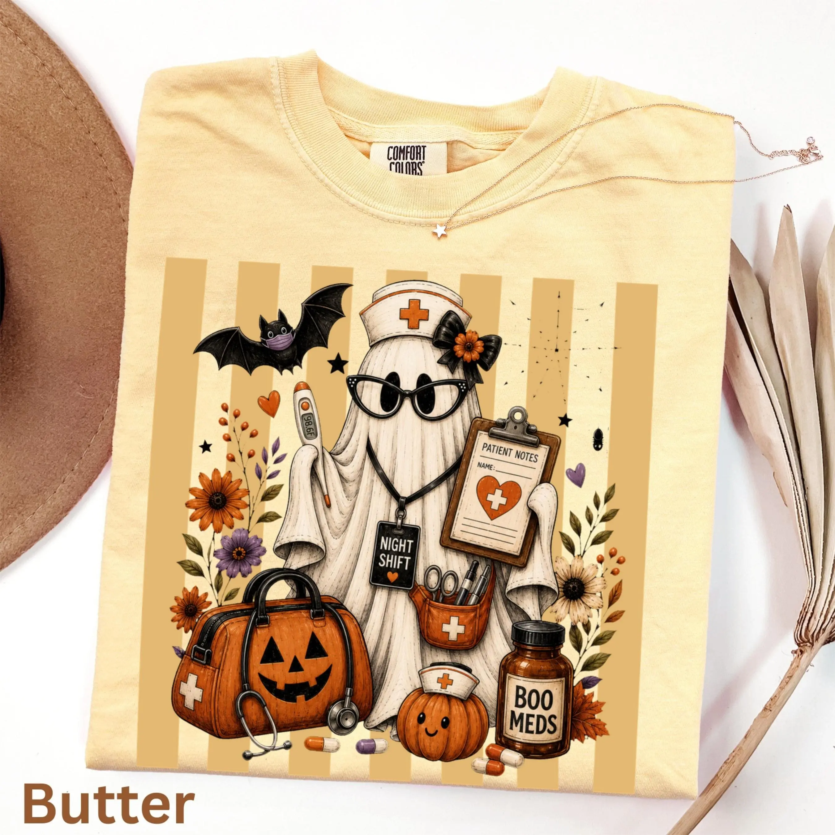 Comfort Colors Night Shift Nurse Halloween Shirt, Boo Meds Spooky Ghost Fall Gift Tee - photo 2