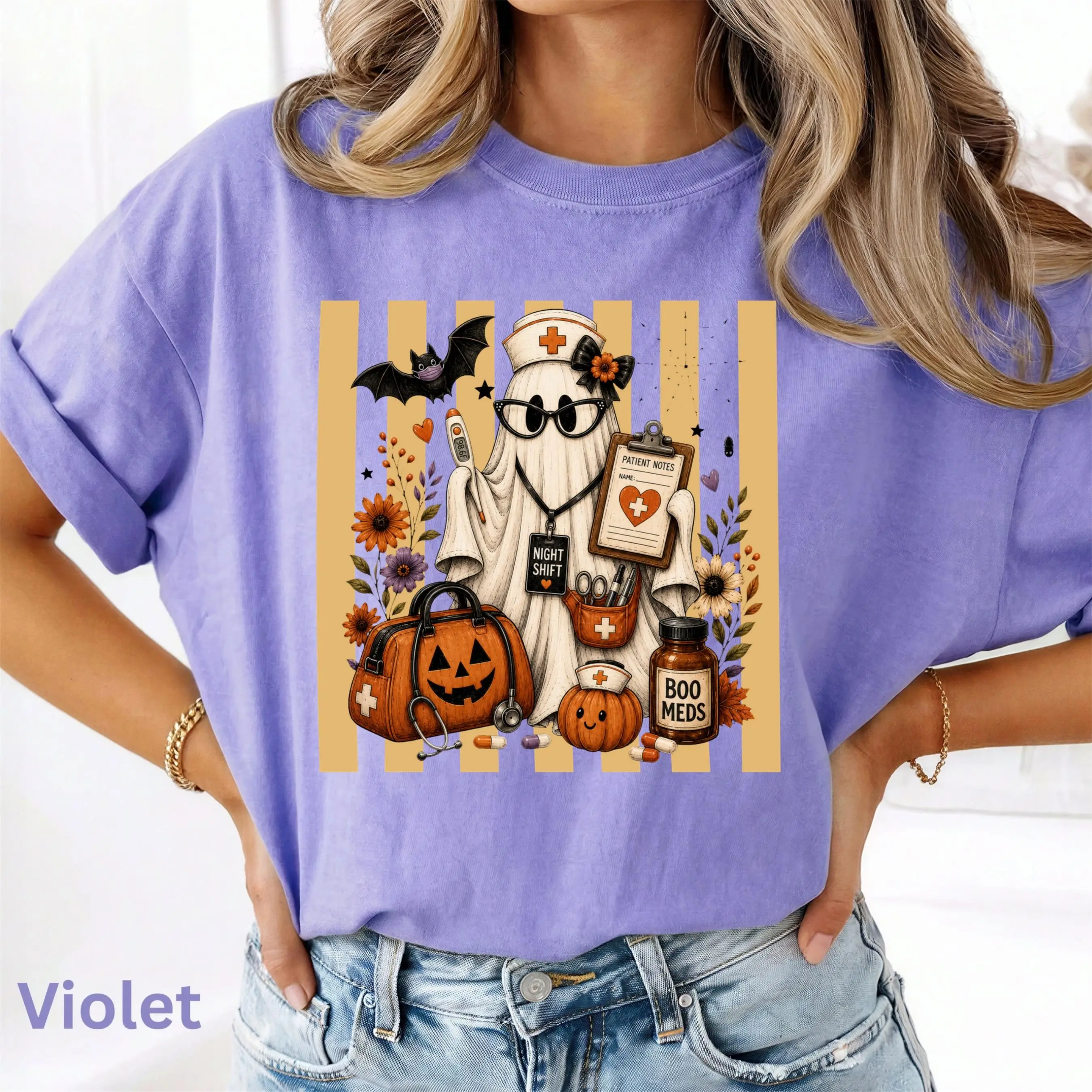 Comfort Colors Night Shift Nurse Halloween Shirt, Boo Meds Spooky Ghost Fall Gift Tee - photo 3