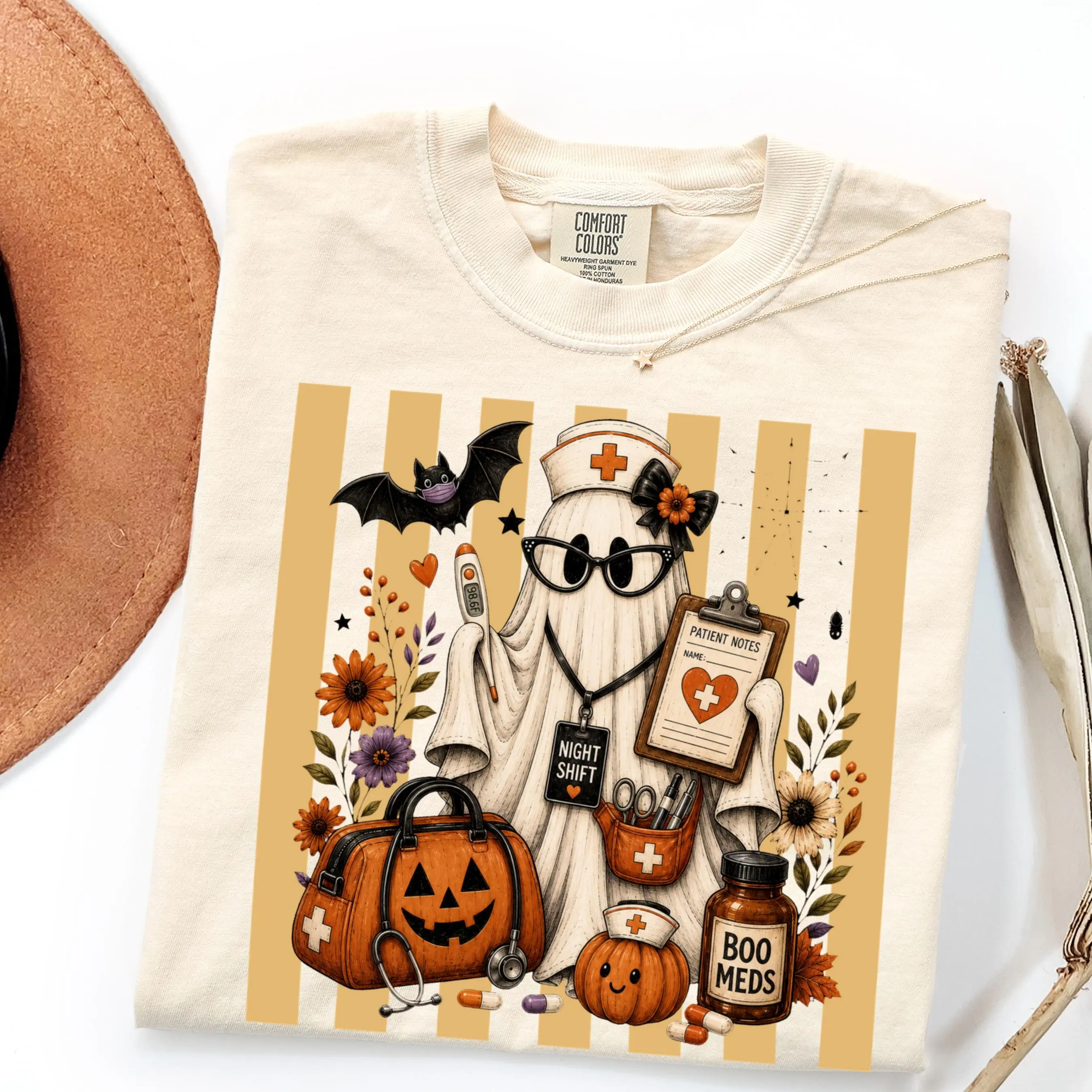 Comfort Colors Night Shift Nurse Halloween Shirt, Boo Meds Spooky Ghost Fall Gift Tee - photo 4