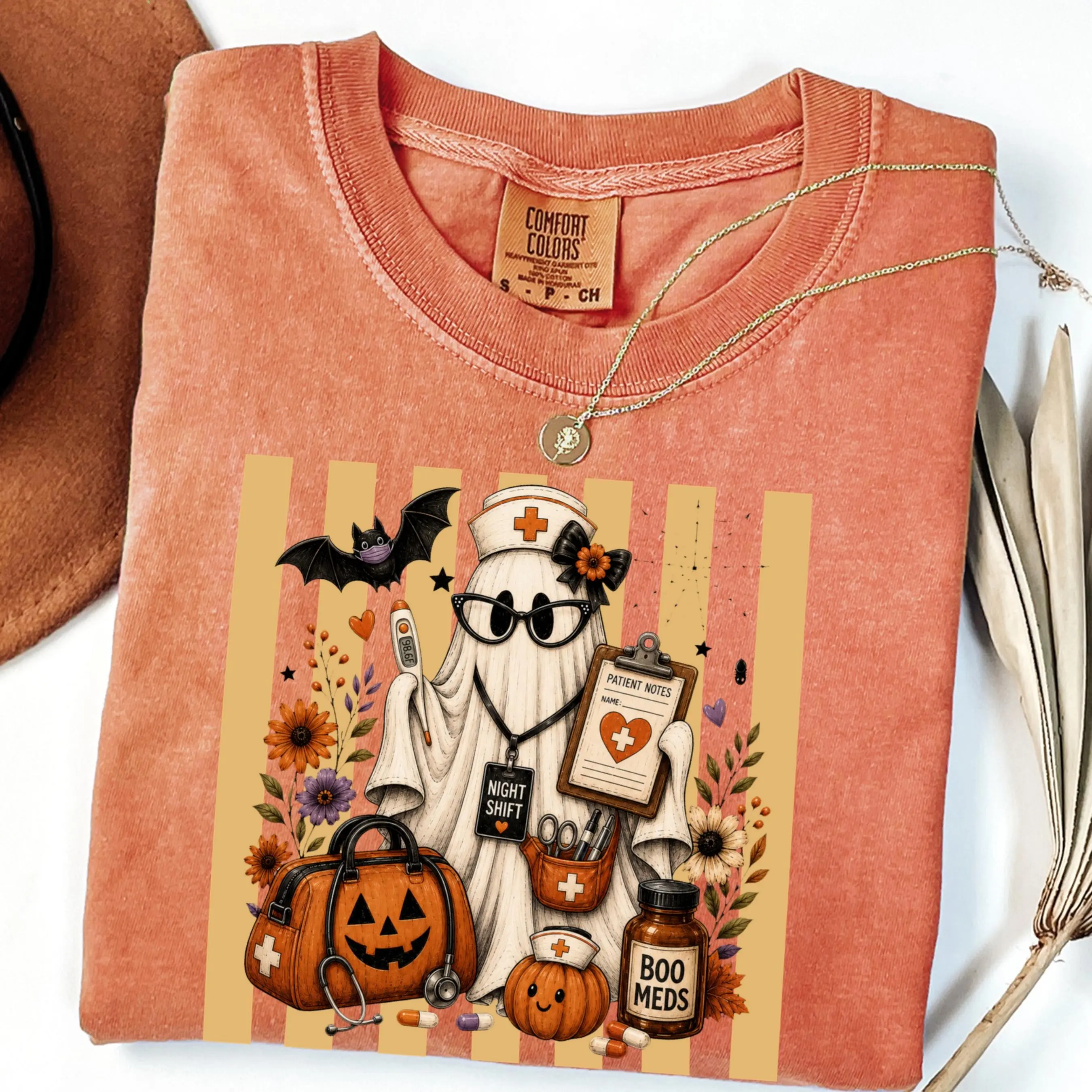 Comfort Colors Night Shift Nurse Halloween Shirt, Boo Meds Spooky Ghost Fall Gift Tee - photo 5
