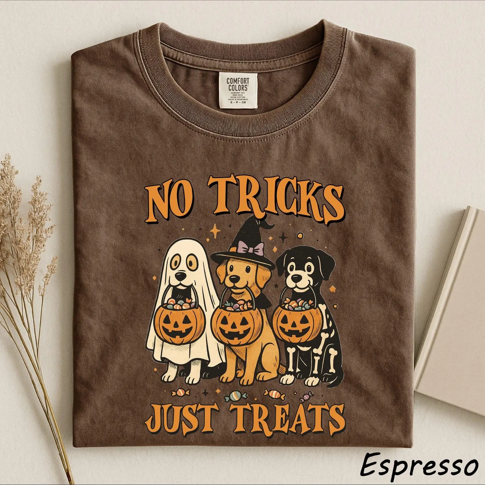 No Tricks Just Treats Shirt, Funny Halloween Dog Mom Spooky Season Tee, Puppy Lover Gift for Women