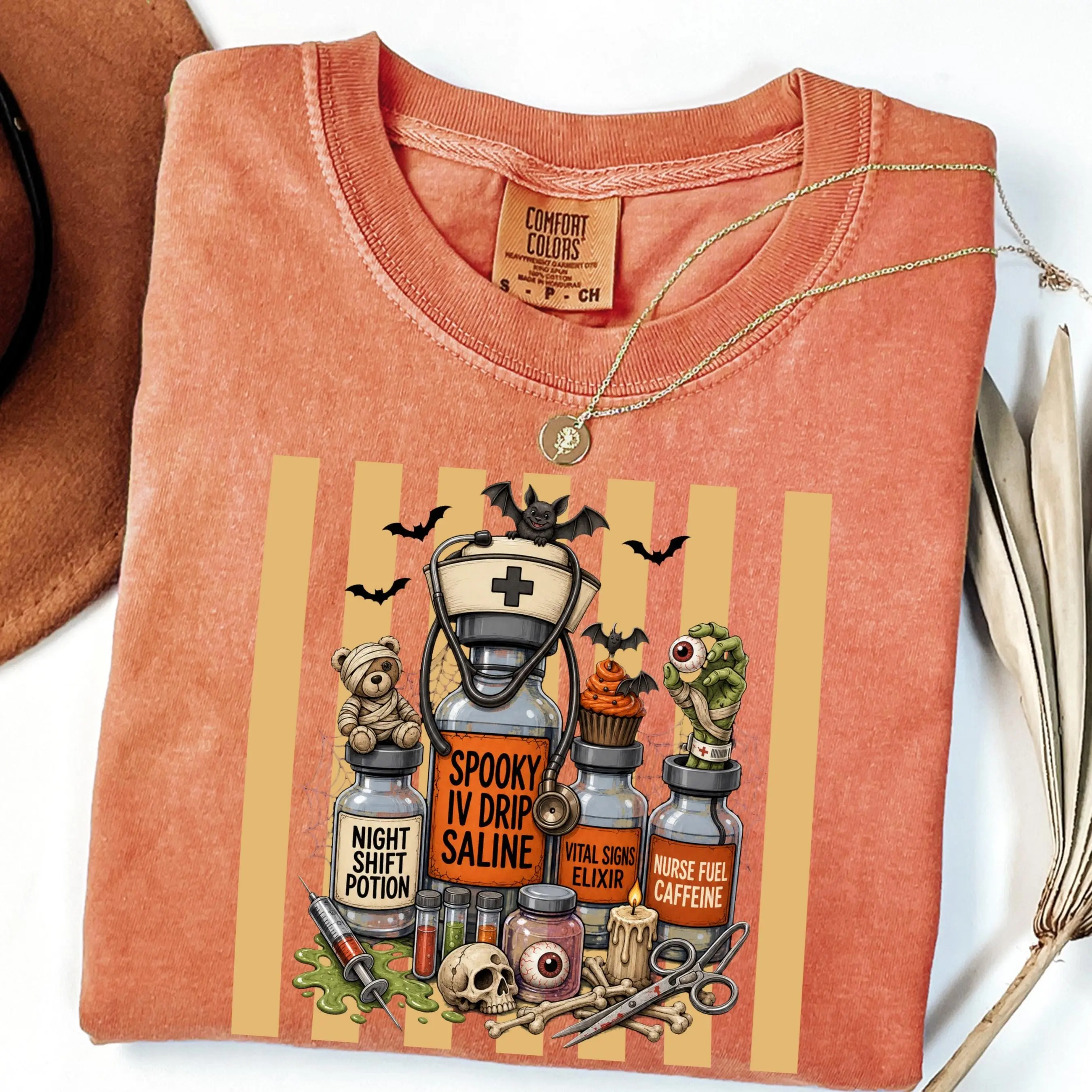 Comfort Colors Nurse Potion Bottles Halloween Shirt, Spooky Night Shift Medical Fall Gift Tee - photo 3