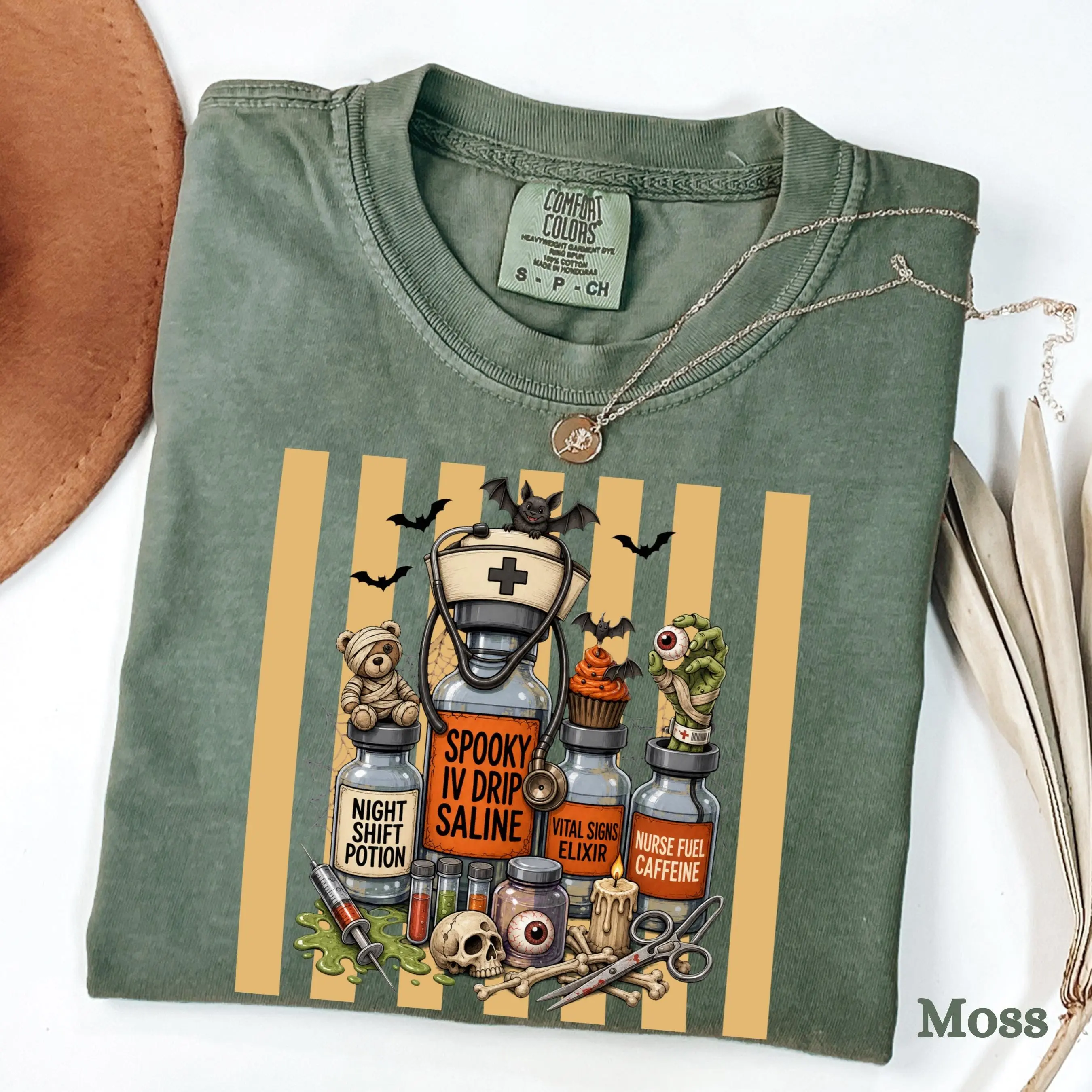 Comfort Colors Nurse Potion Bottles Halloween Shirt, Spooky Night Shift Medical Fall Gift Tee - photo 4