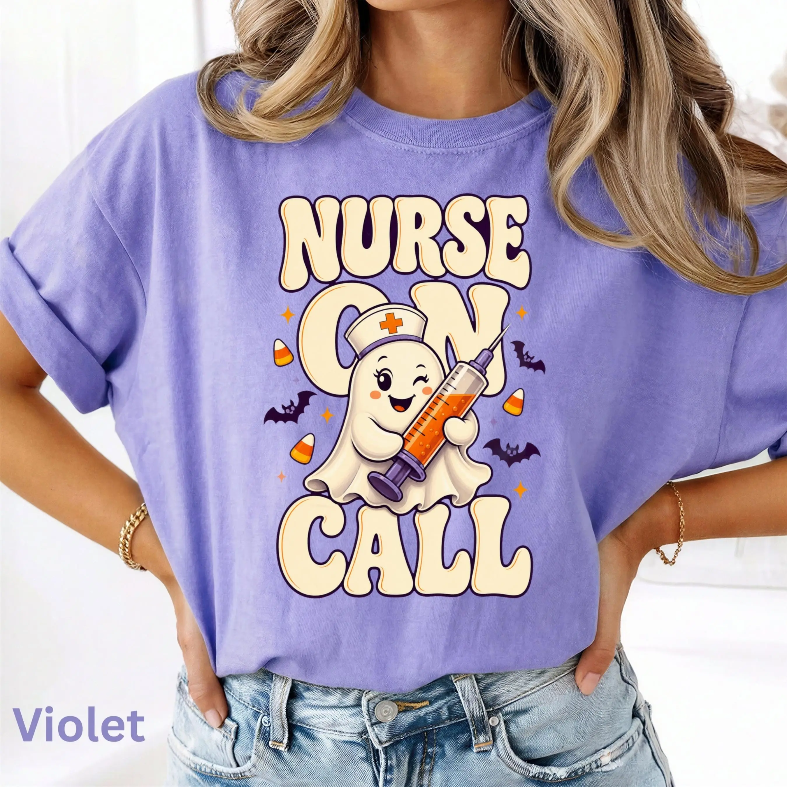 Comfort Colors Nurse On Call Halloween Shirt, Funny Ghost Spooky Season Fall Gift Tee - photo 2