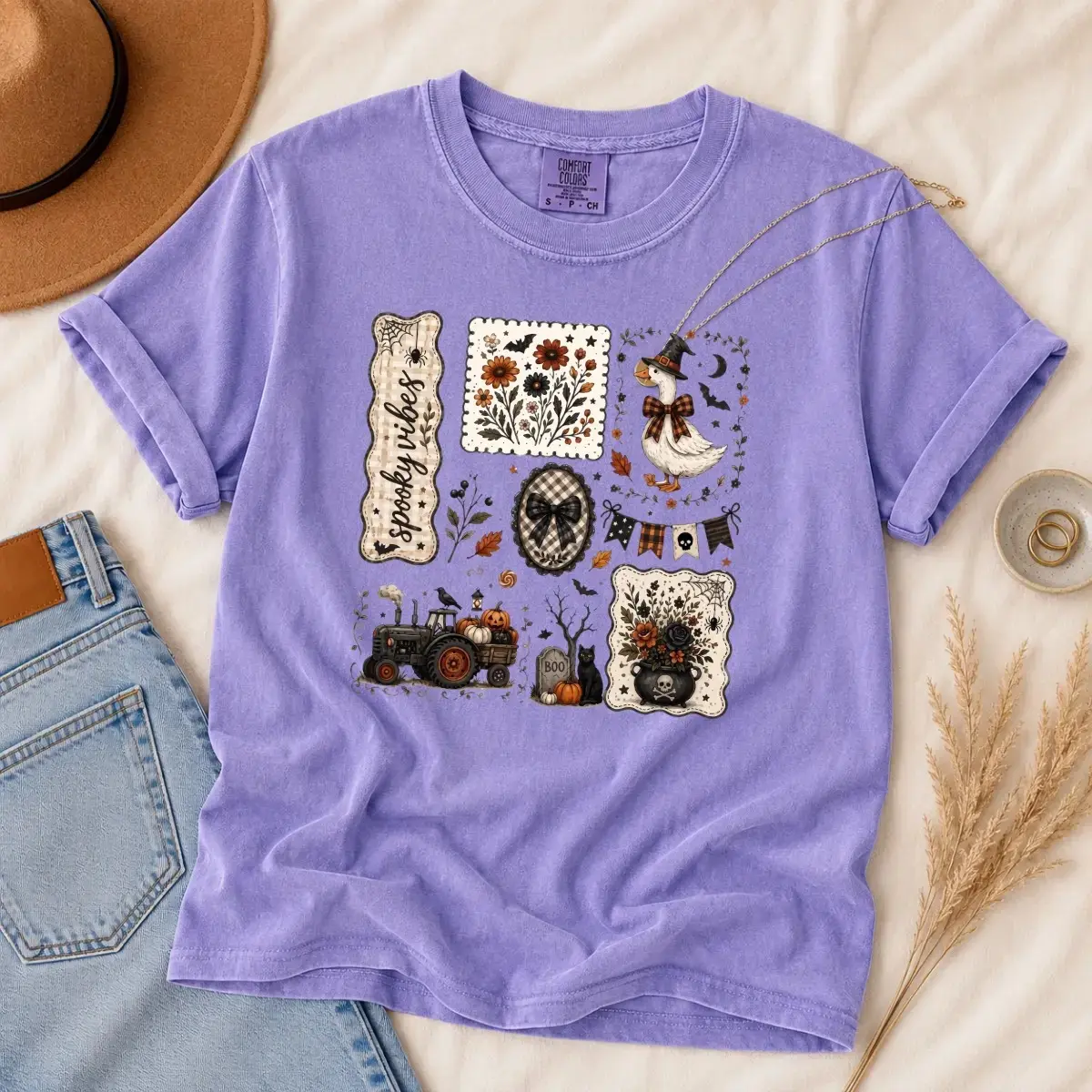 October Ghost Co Boxy Tee, Retro Halloween Shirt Women Oversized Checkered Spooky Cute Vintage Fall Trendy Graphic