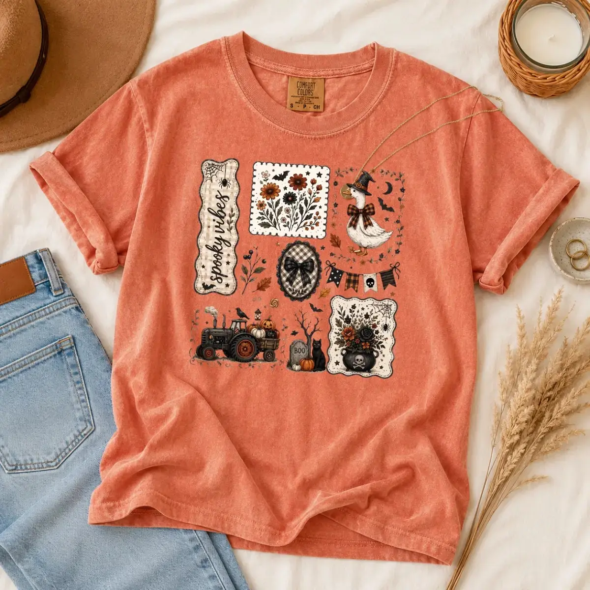 October Ghost Co Boxy Tee, Retro Halloween Shirt Women Oversized Checkered Spooky Cute Vintage Fall Trendy Graphic - photo 4