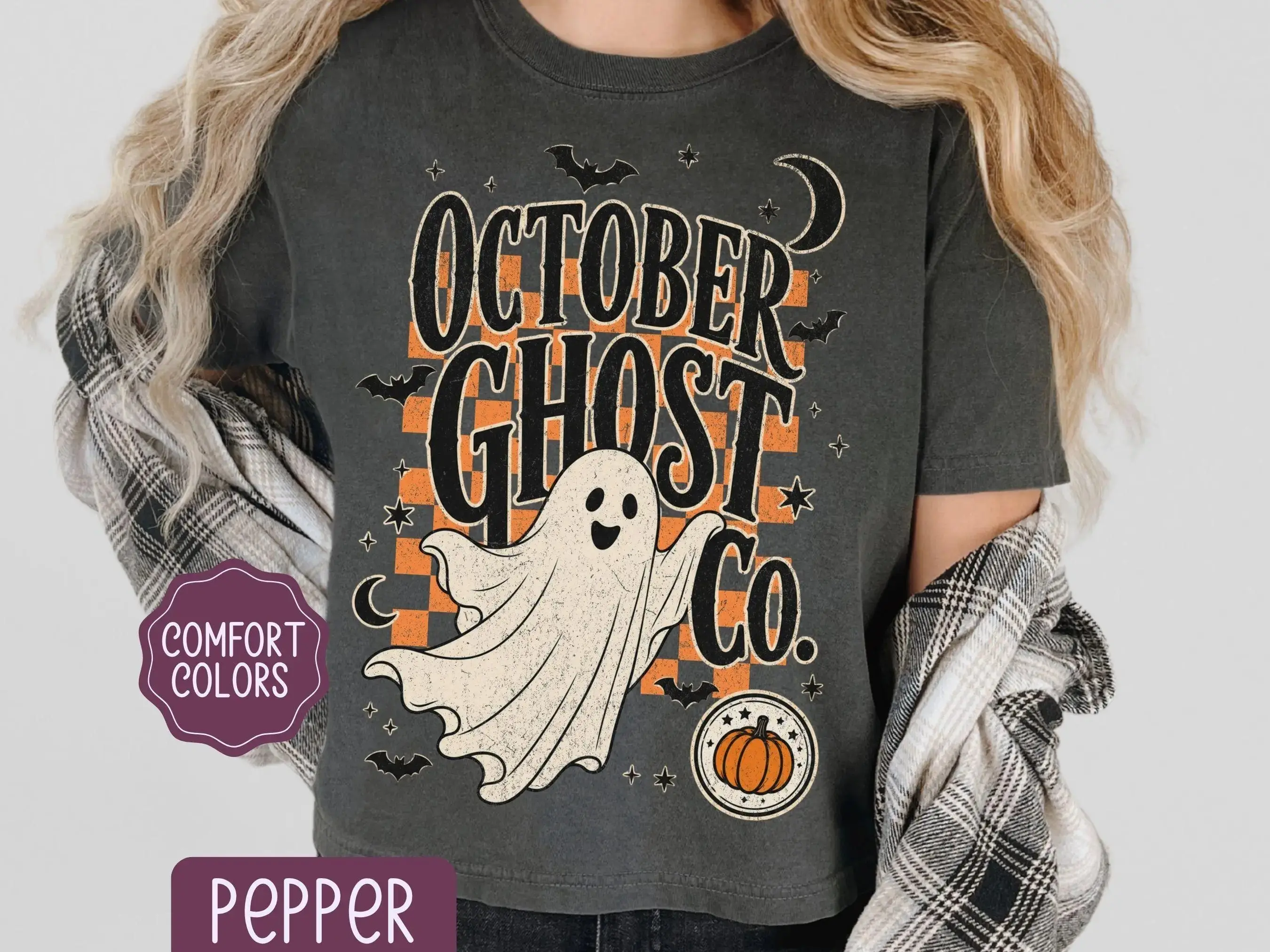 October Ghost Co Boxy Tee, Womens Retro Halloween Oversized Checkered Spooky Cute Vintage Fall Graphic Shirt