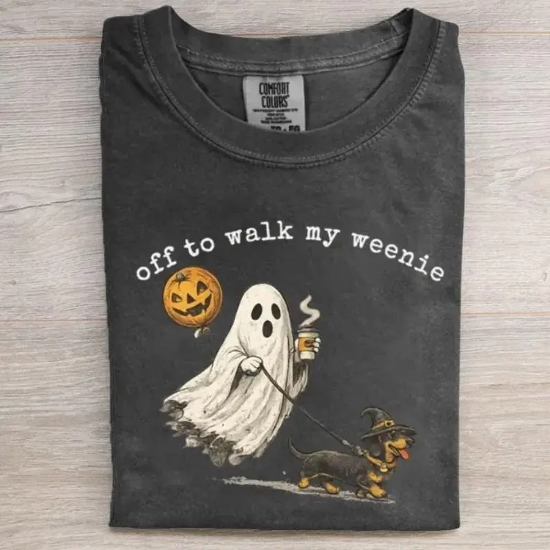 Off To Walk My Weenie Halloween Shirt, Funny Dachshund Ghost Tee, Spooky Wiener Dog Lover Fall Pumpkin Gift