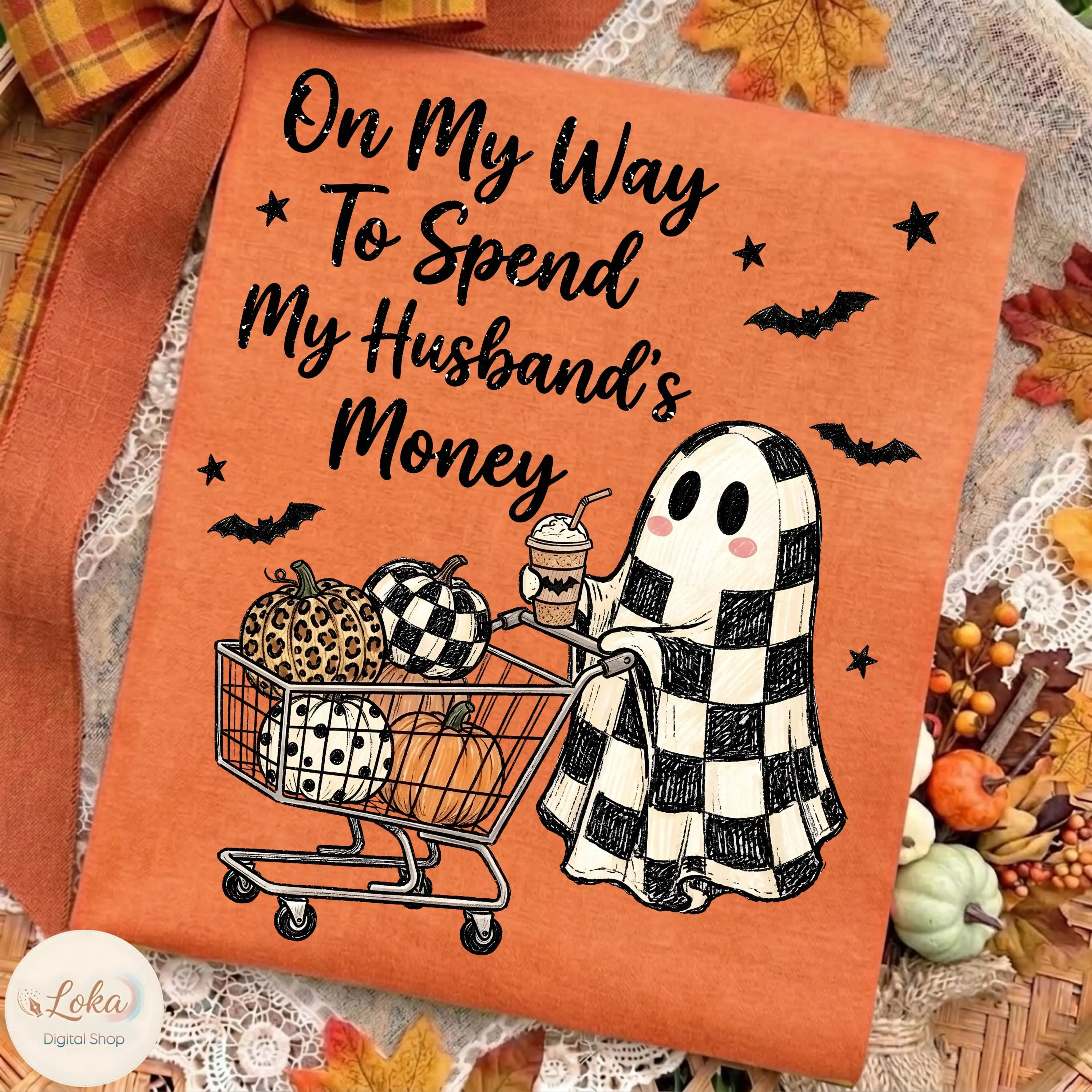 On My Way To Spend My Husbands Money Sweatshirt, Halloween Ghost Crewneck, Checkered Leopard Polka Dot Pumpkin - photo 3