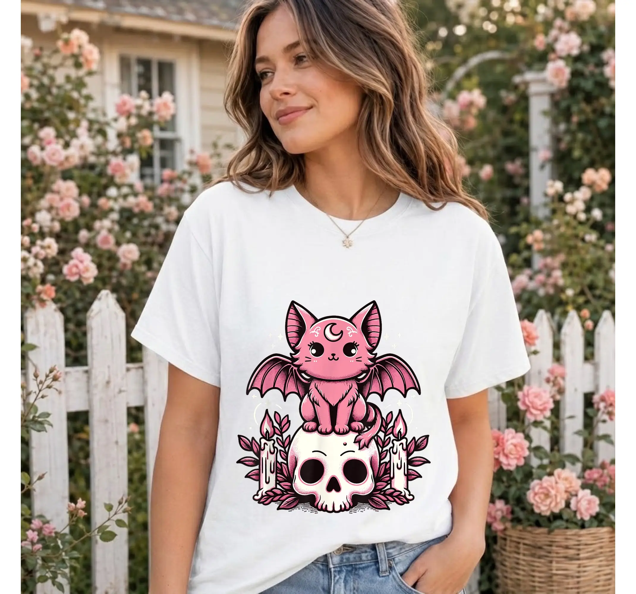 Pastel Goth Skeleton Cat Tee, Creepy Cute Bat Kawaii Aesthetic Alternative Shirt