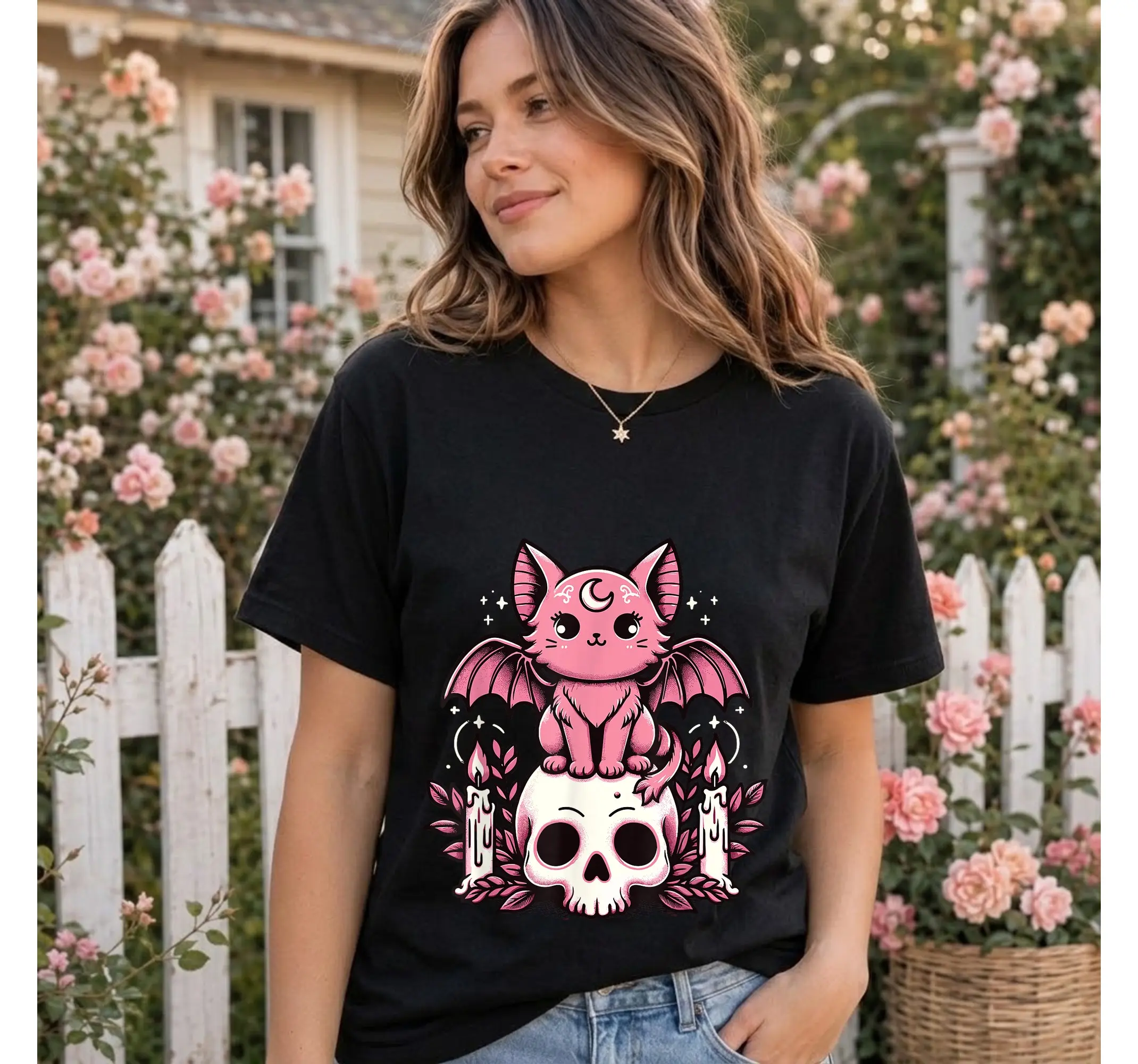 Pastel Goth Skeleton Cat Tee, Creepy Cute Bat Kawaii Aesthetic Alternative Shirt - photo 2