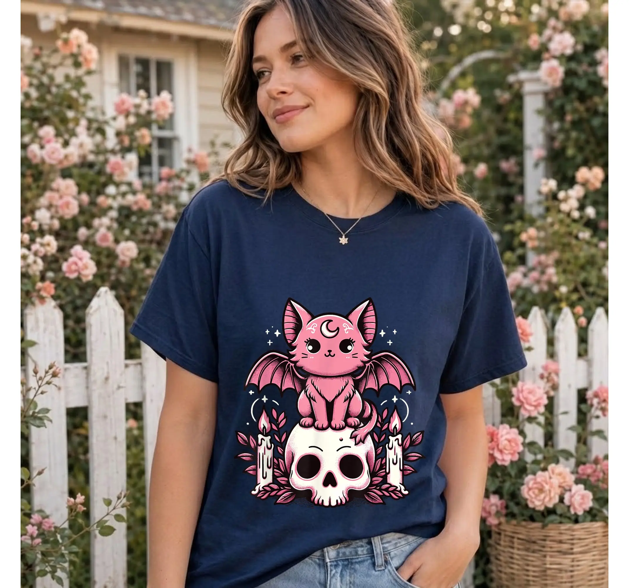 Pastel Goth Skeleton Cat Tee, Creepy Cute Bat Kawaii Aesthetic Alternative Shirt - photo 3