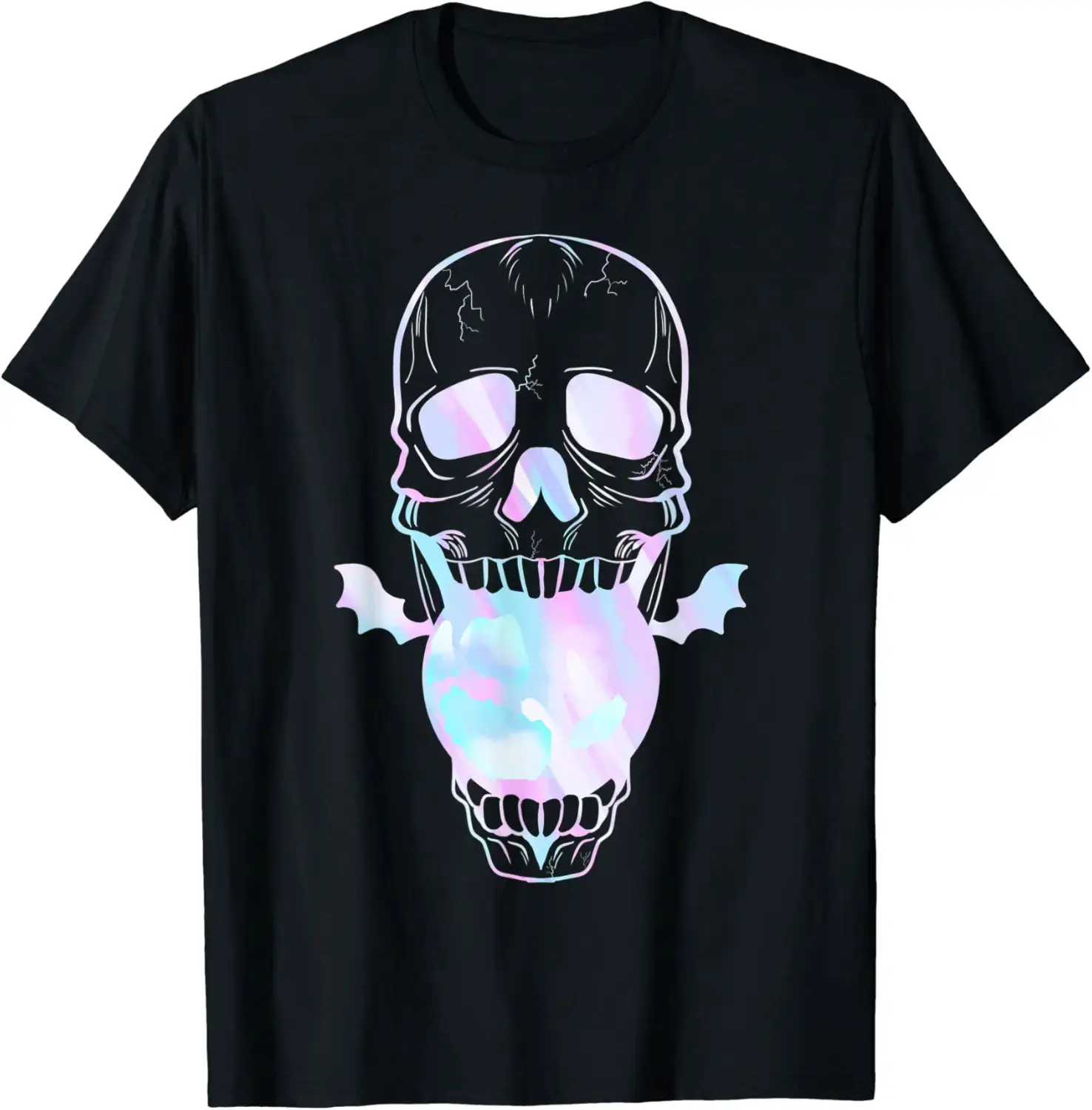 Pastel Goth Crystal Skull Bat Wings Halloween T-Shirt, Witchy Grunge Streetwear Skeleton Tee for Women