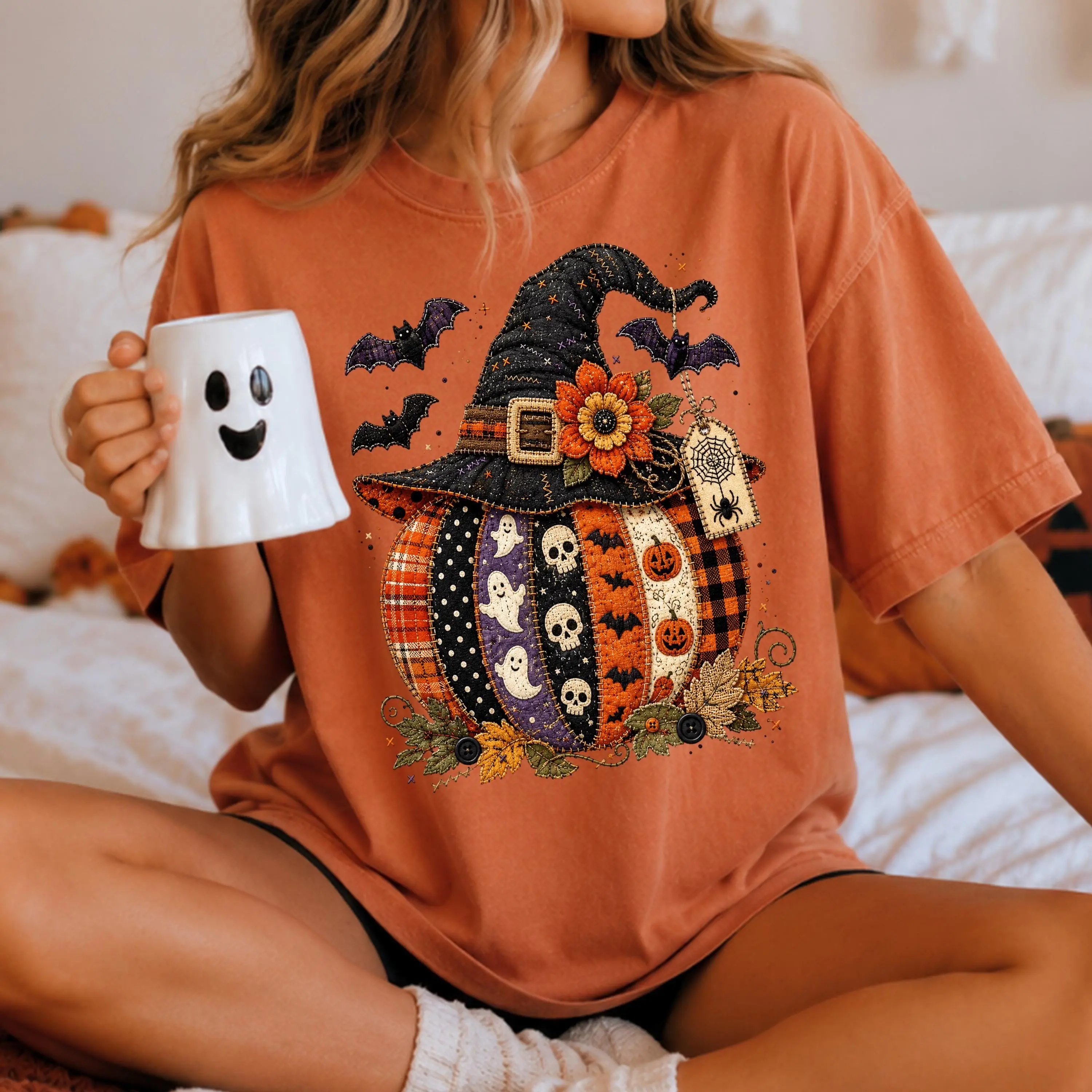 Patchwork Pumpkin Halloween Shirt, Spooky Witch Hat Graphic Tee, Cute Fall Top - photo 3