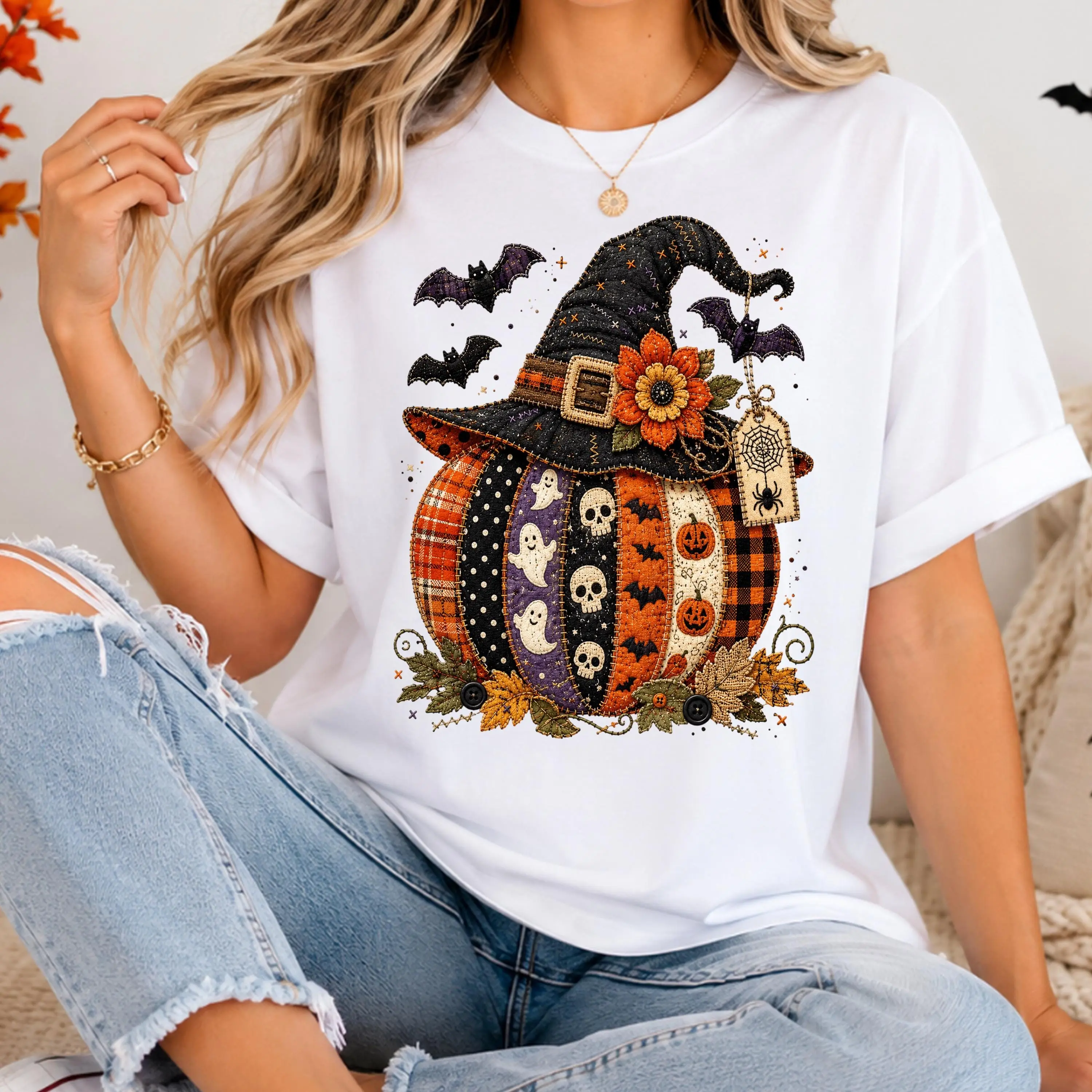 Patchwork Pumpkin Halloween Shirt, Spooky Witch Hat Graphic Tee, Cute Fall Top - photo 5