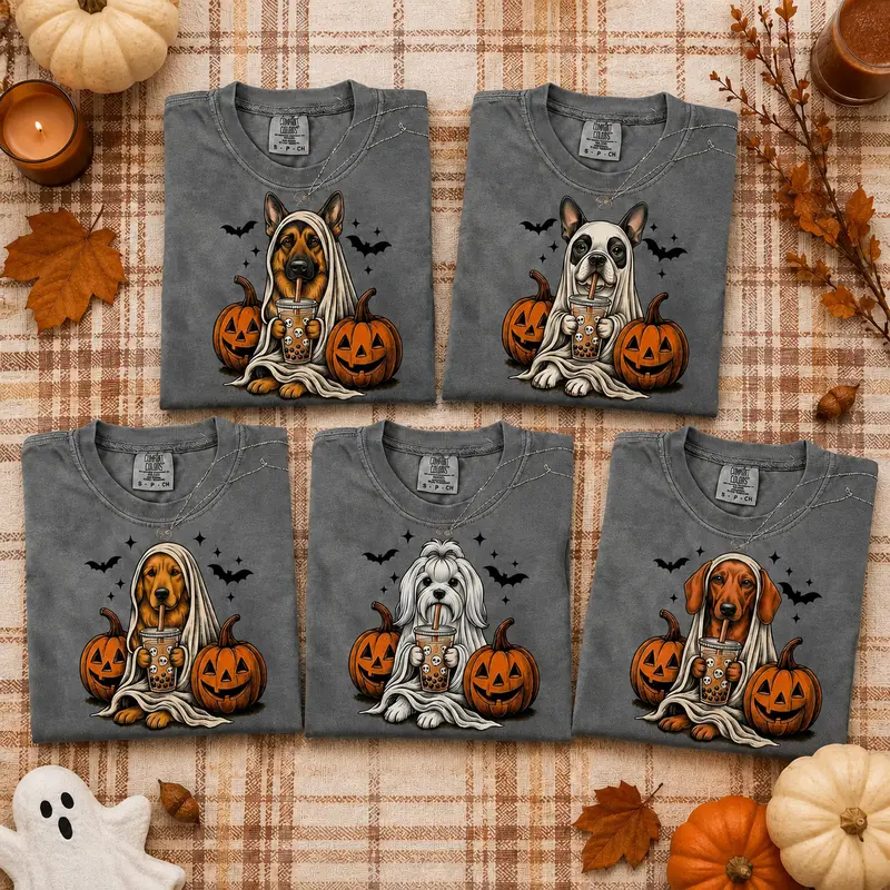 Personalized Dog Breed Halloween Shirt, Comfort Colors Funny Pumpkin Coffee Tee, Trick or Treat Pet Lover Gift