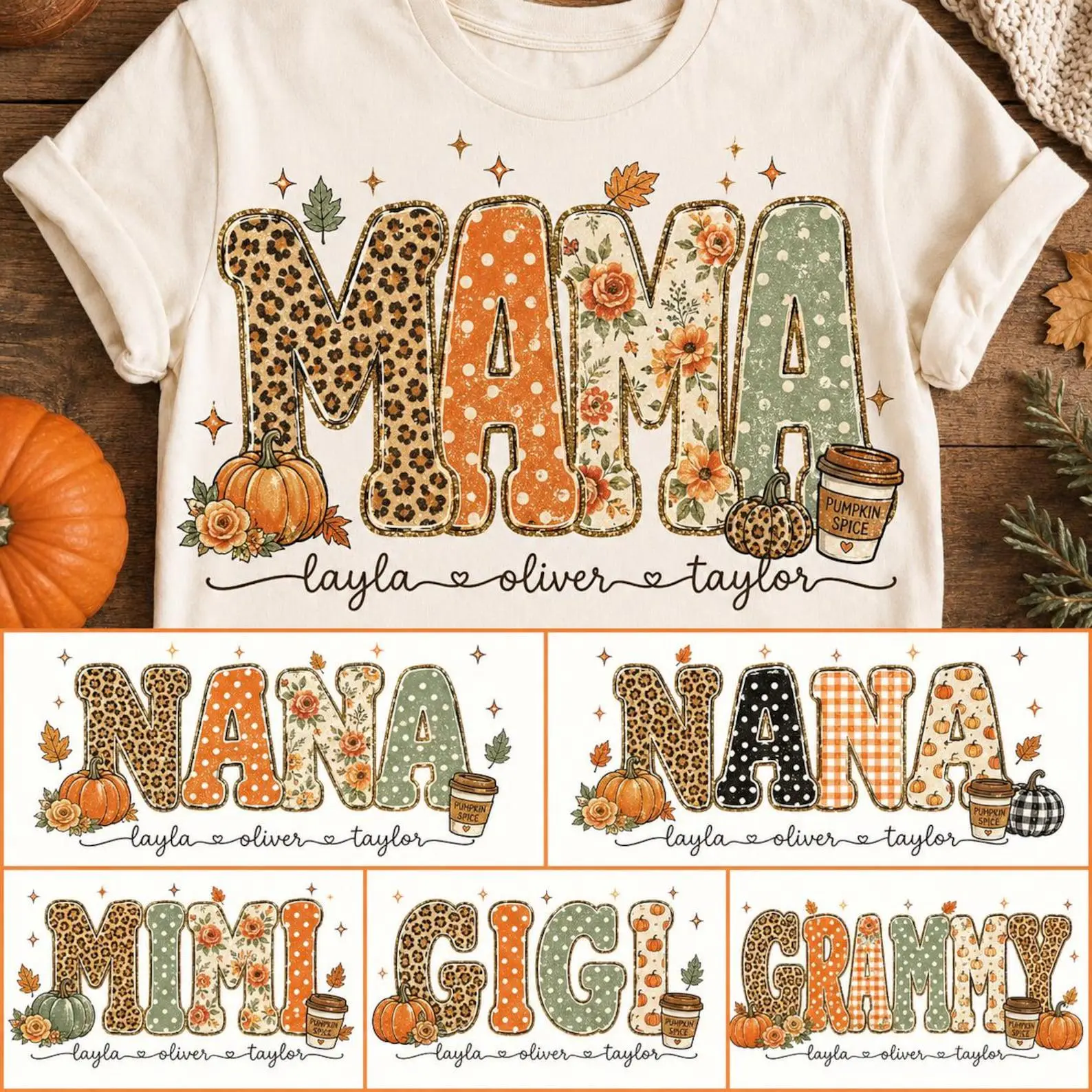 Personalized Comfort Colors Fall Mama Nana Mimi Gigi Grammy Shirt Bundle, Leopard Floral Pumpkin Spice Tee