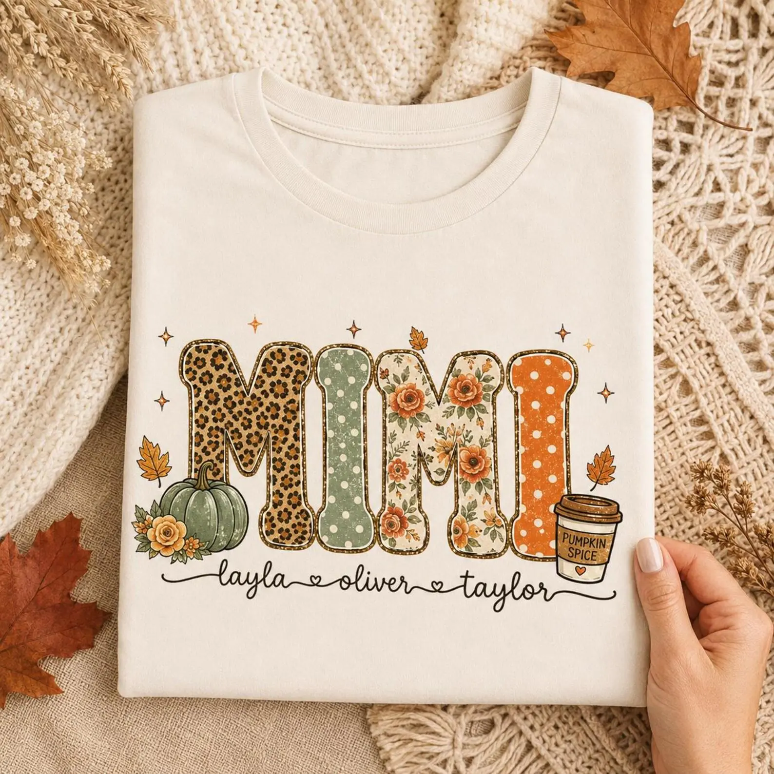 Personalized Comfort Colors Fall Mama Nana Mimi Gigi Grammy Shirt Bundle, Leopard Floral Pumpkin Spice Tee - photo 3