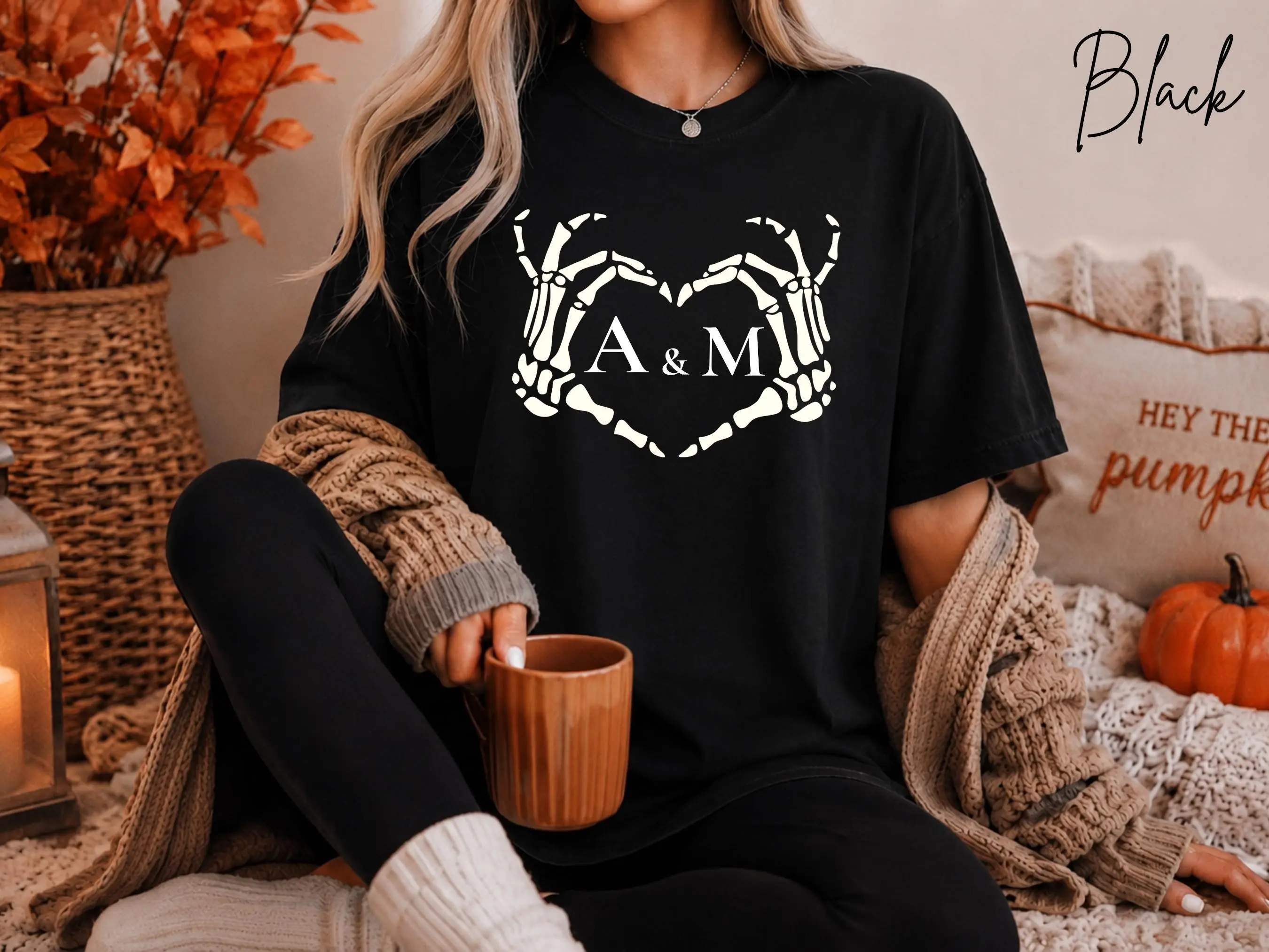 Personalized Skeleton Hands Heart Halloween Shirt, Custom Couple Initials Matching Graphic Tee Gift - photo 1