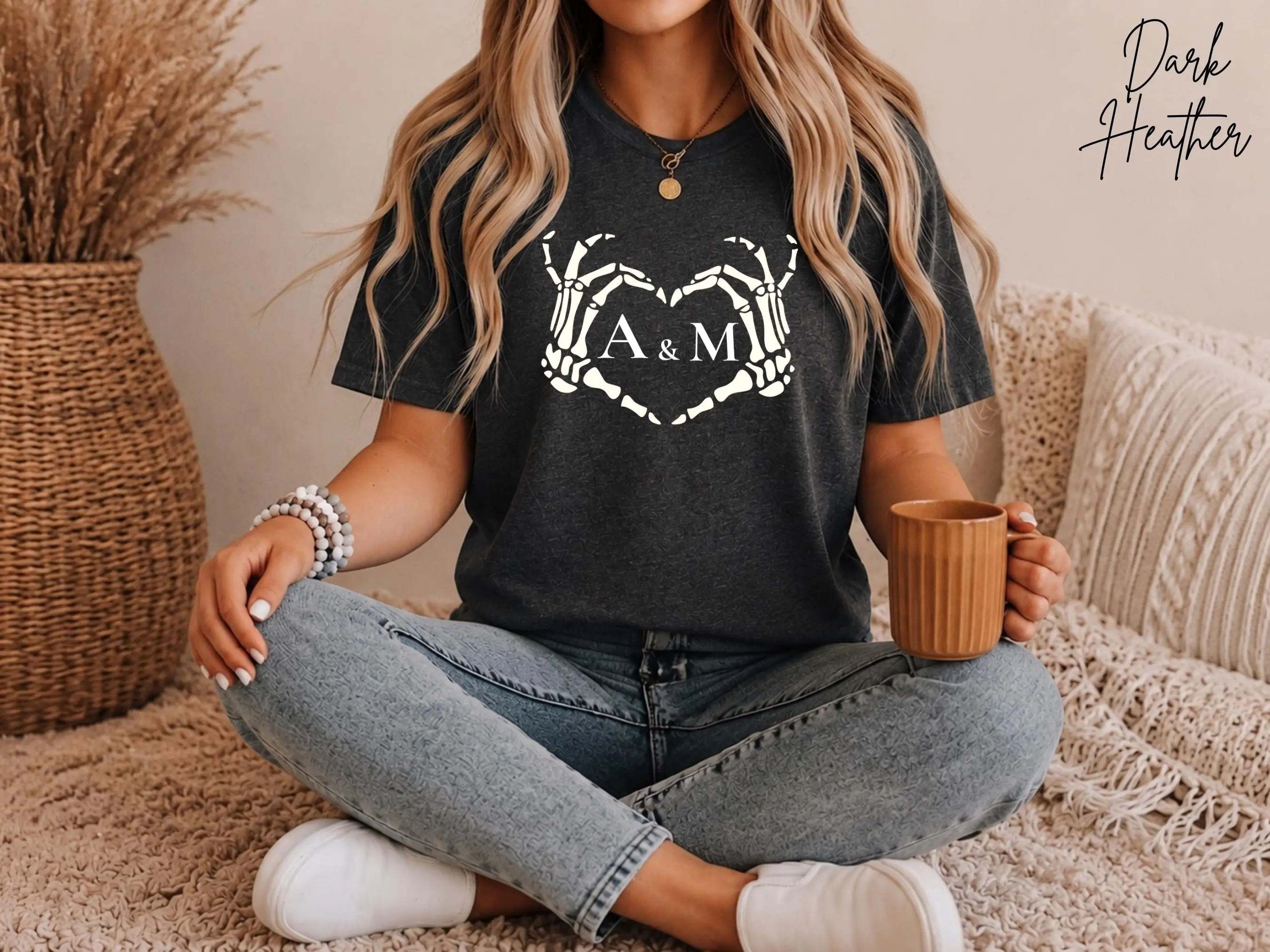 Personalized Skeleton Hands Heart Halloween Shirt, Custom Couple Initials Matching Graphic Tee Gift - photo 2