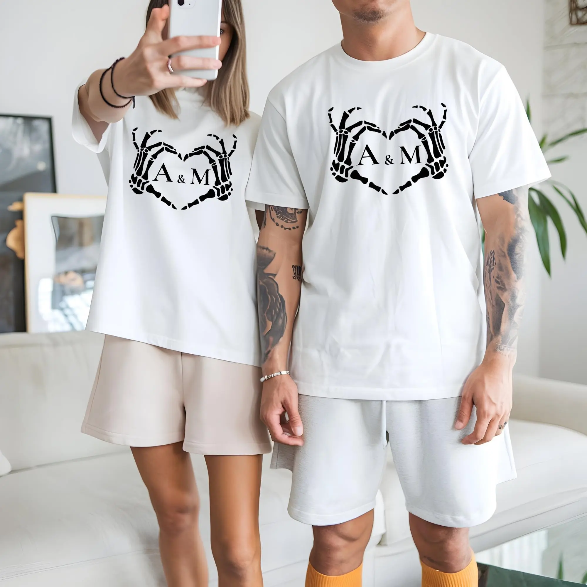 Personalized Skeleton Hands Heart Halloween Shirt, Custom Couple Initials Matching Graphic Tee Gift - photo 3