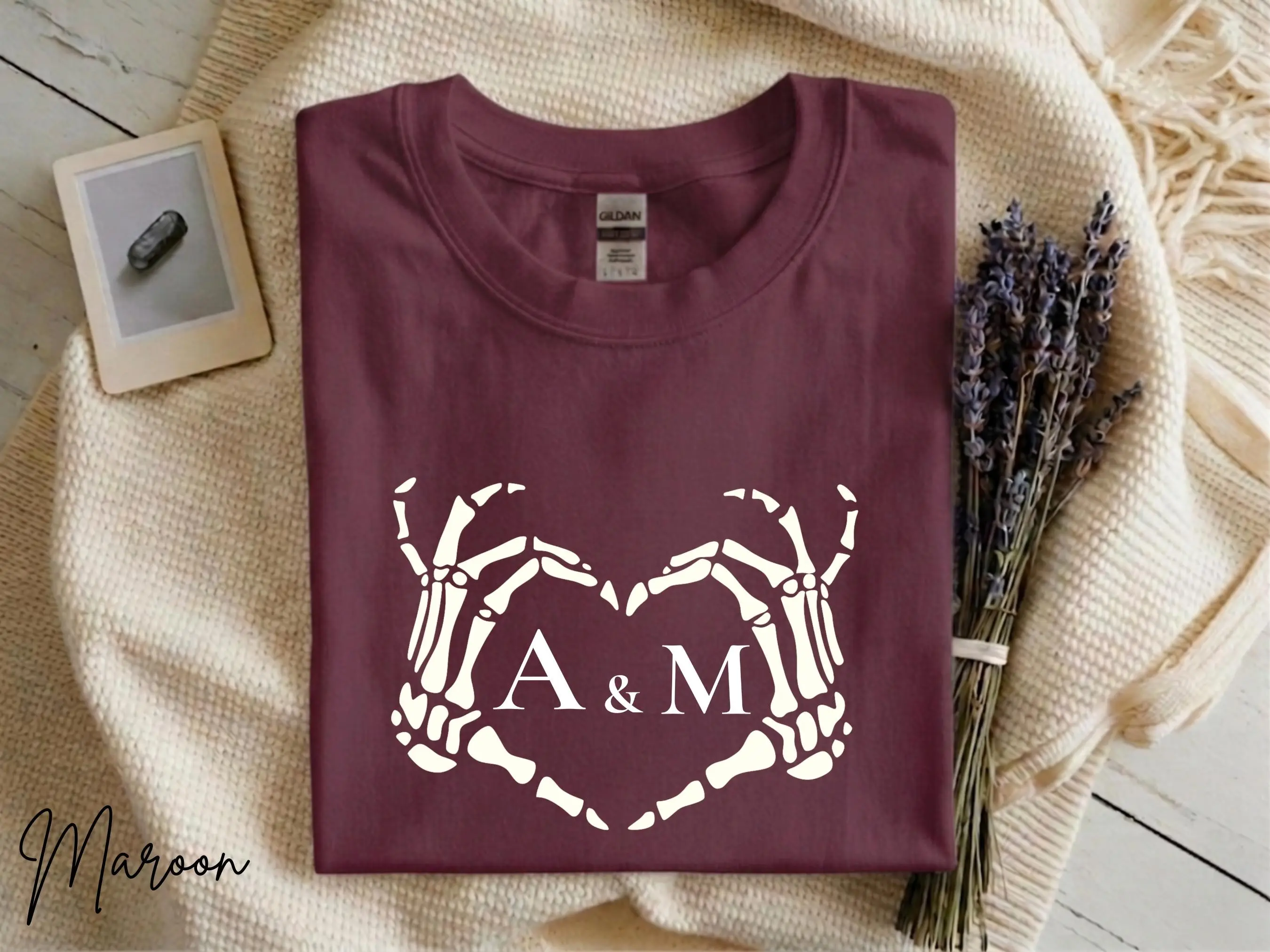 Personalized Skeleton Hands Heart Halloween Shirt, Custom Couple Initials Matching Graphic Tee Gift - photo 4