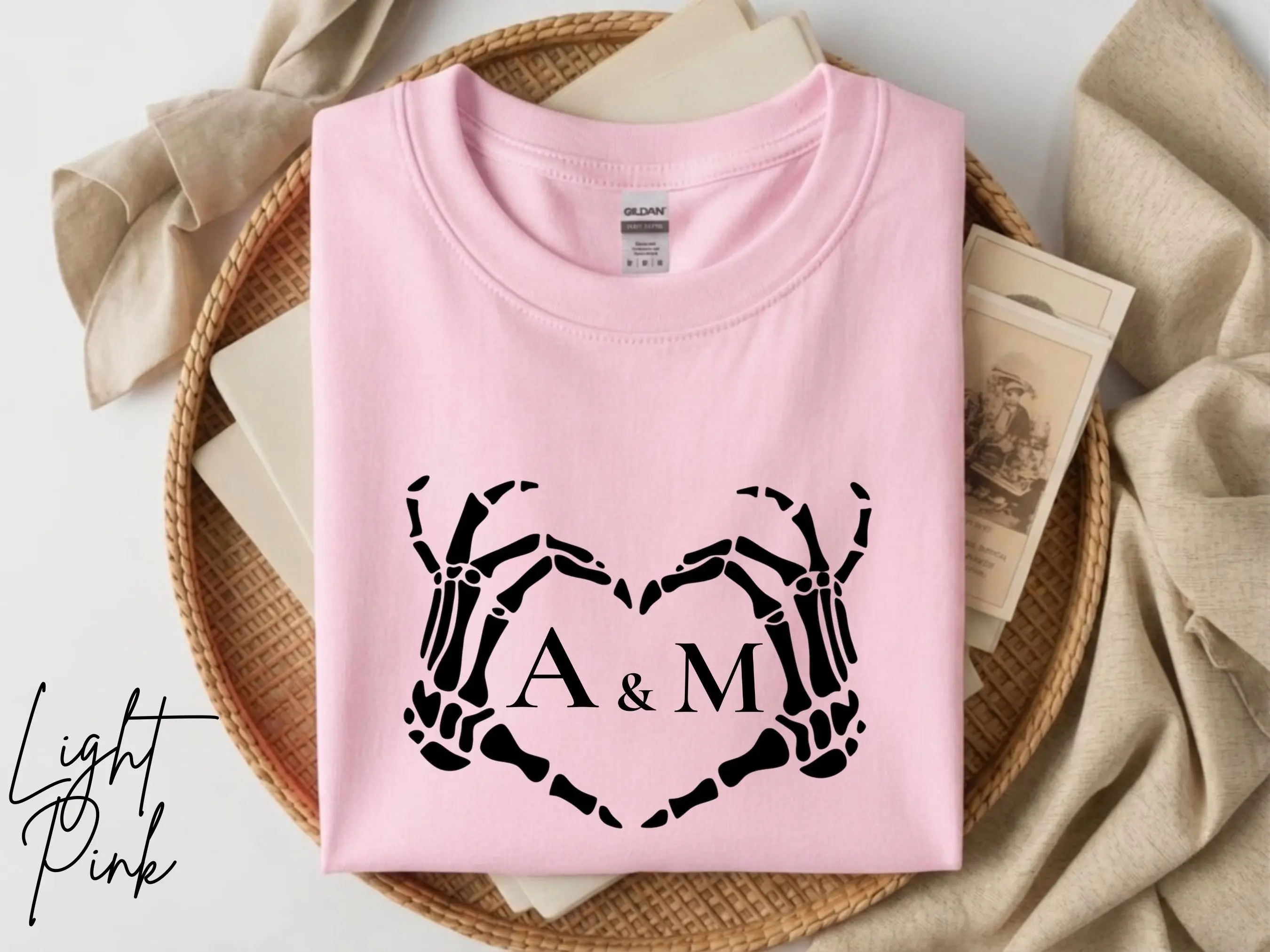 Personalized Skeleton Hands Heart Halloween Shirt, Custom Couple Initials Matching Graphic Tee Gift - photo 5