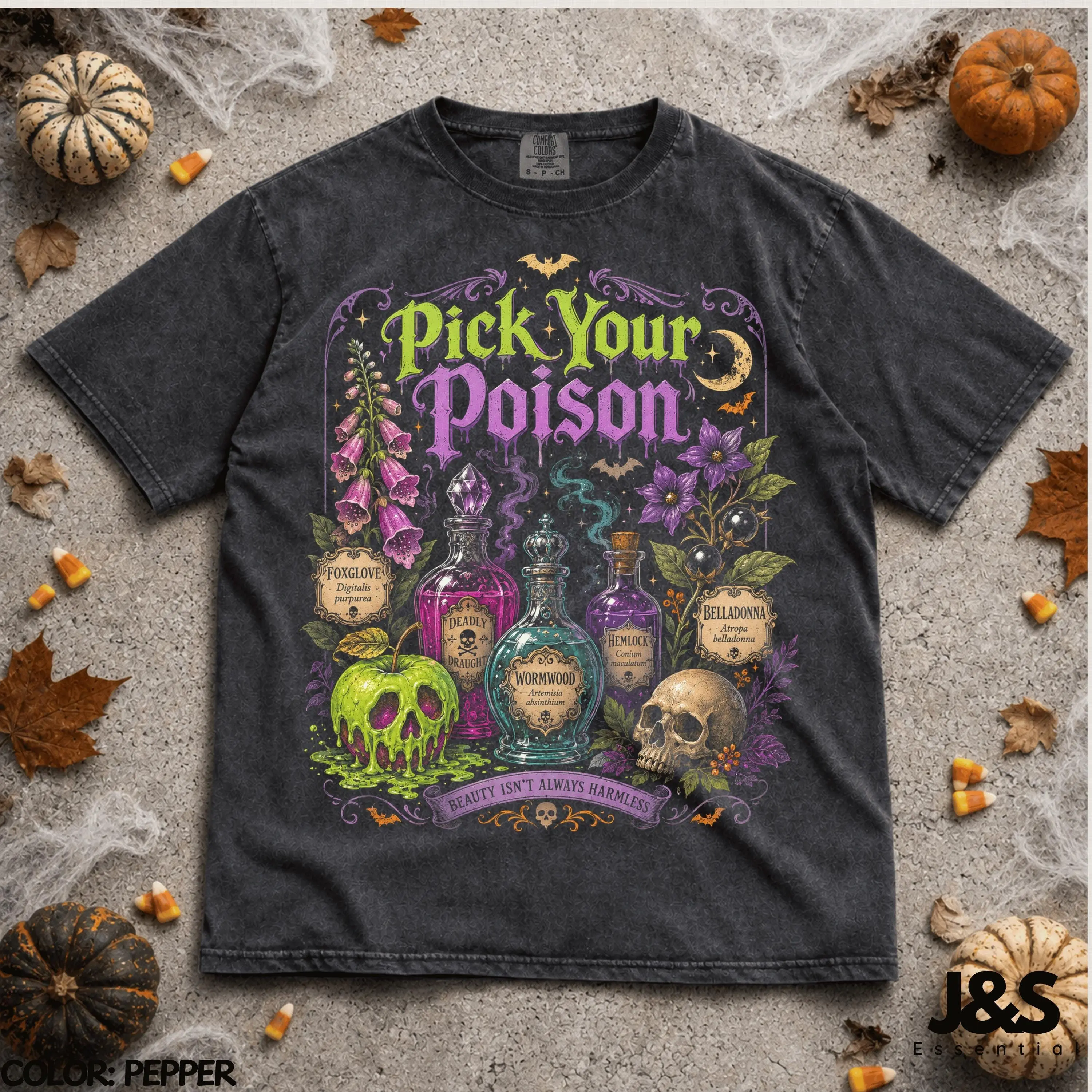 Pick Your Poison Halloween Shirt, Witchy Apothecary Potion Tee, Gothic Skull Bottle Spooky Graphic Gift
