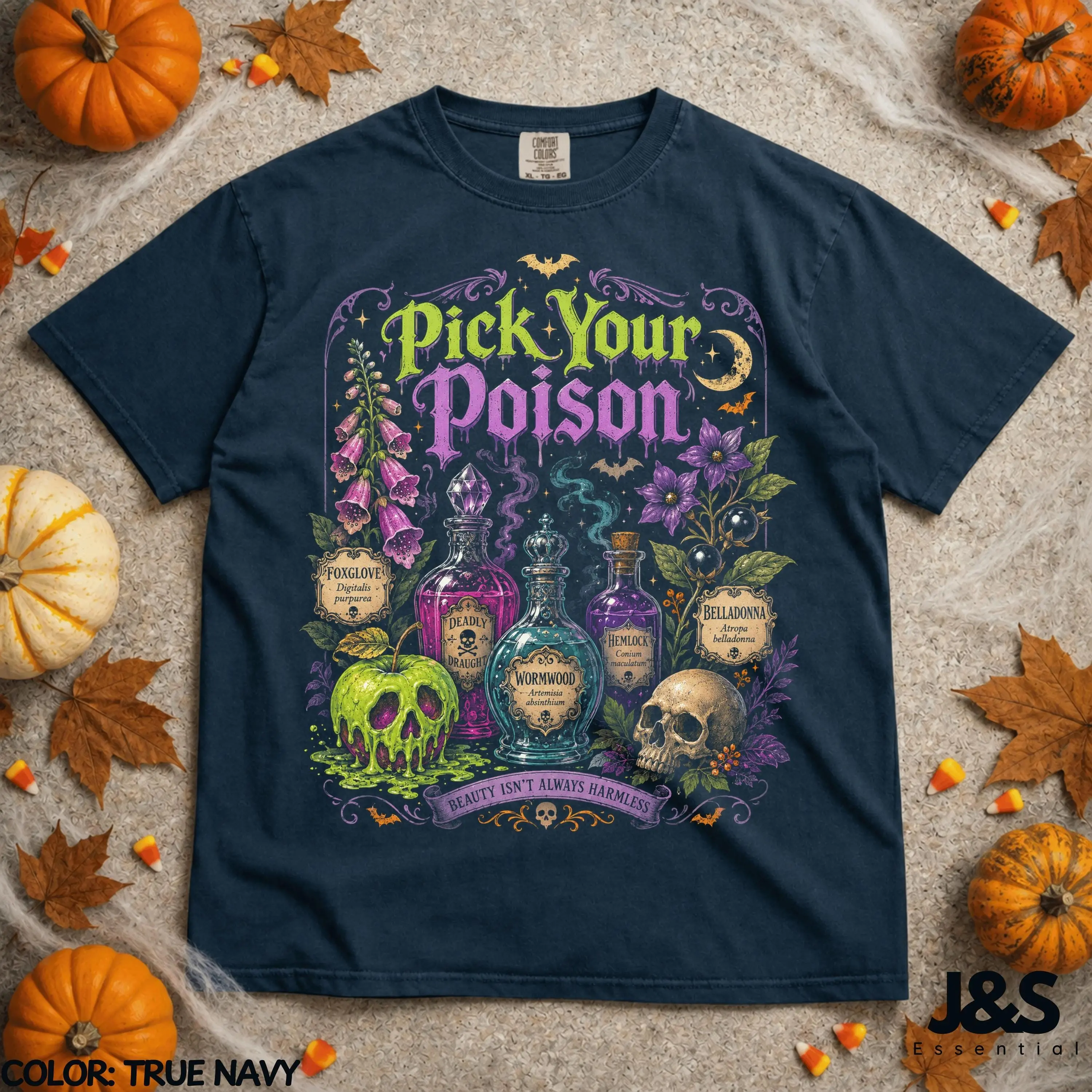 Pick Your Poison Halloween Shirt, Witchy Apothecary Potion Tee, Gothic Skull Bottle Spooky Graphic Gift - photo 2