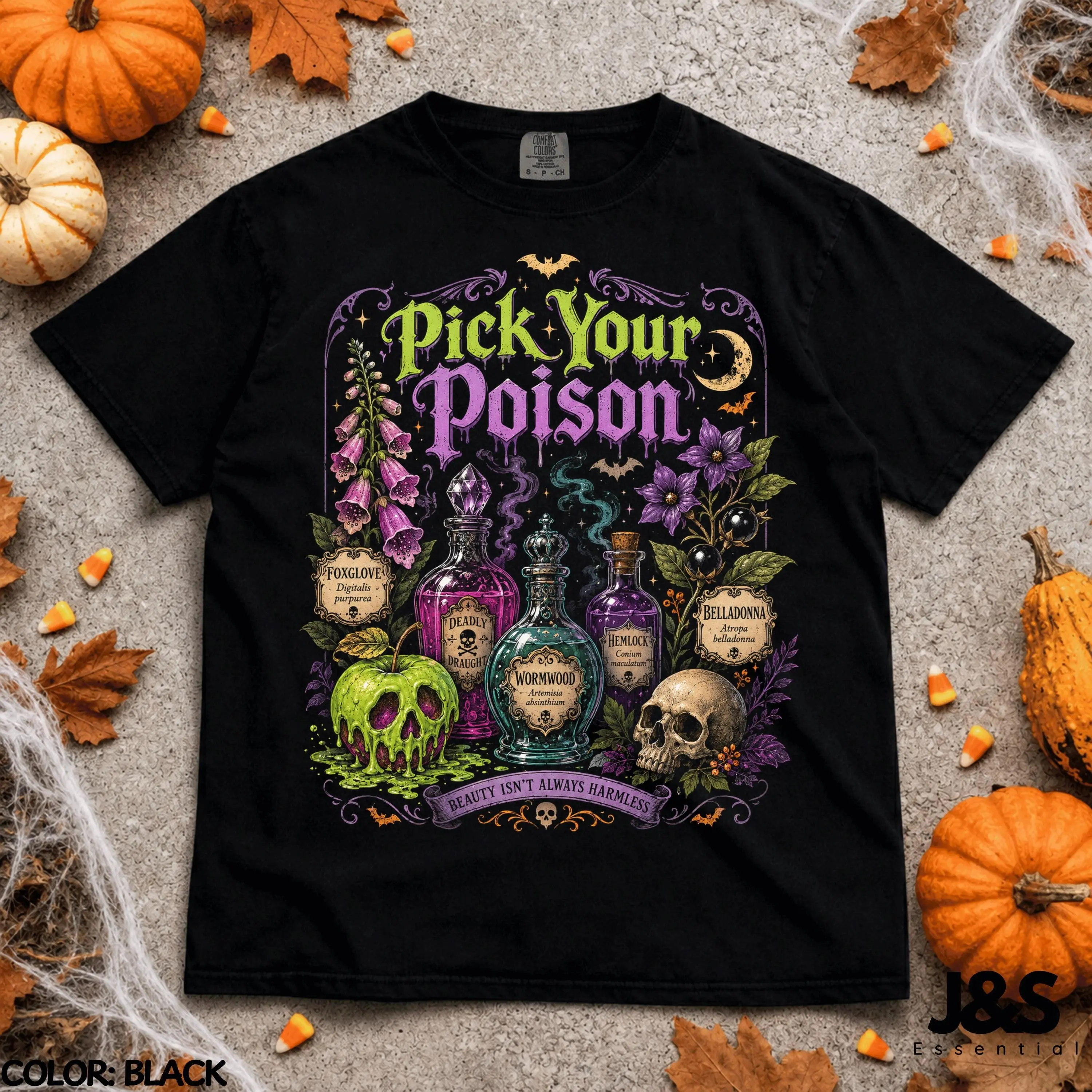 Pick Your Poison Halloween Shirt, Witchy Apothecary Potion Tee, Gothic Skull Bottle Spooky Graphic Gift - photo 3
