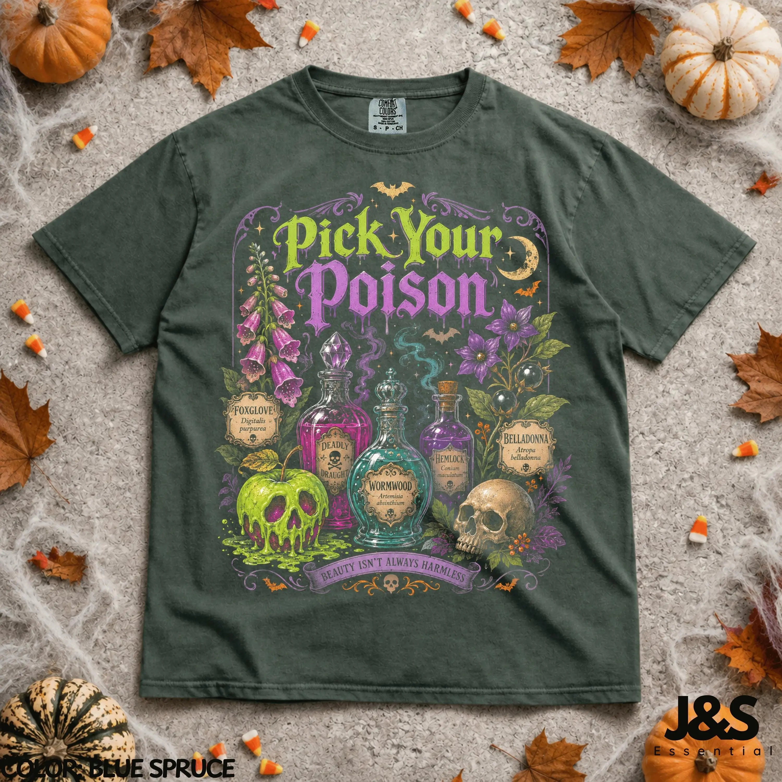 Pick Your Poison Halloween Shirt, Witchy Apothecary Potion Tee, Gothic Skull Bottle Spooky Graphic Gift - photo 4