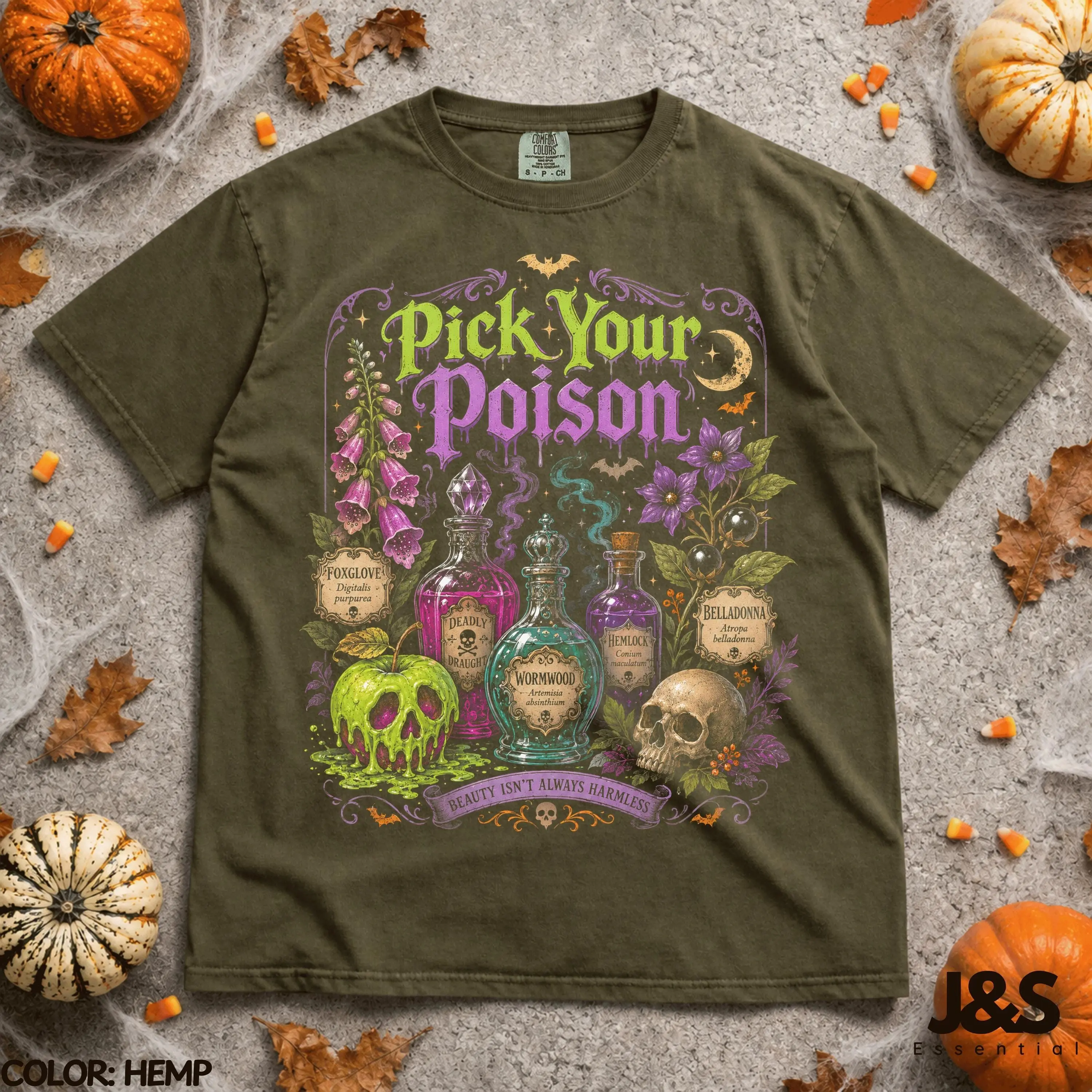 Pick Your Poison Halloween Shirt, Witchy Apothecary Potion Tee, Gothic Skull Bottle Spooky Graphic Gift - photo 5