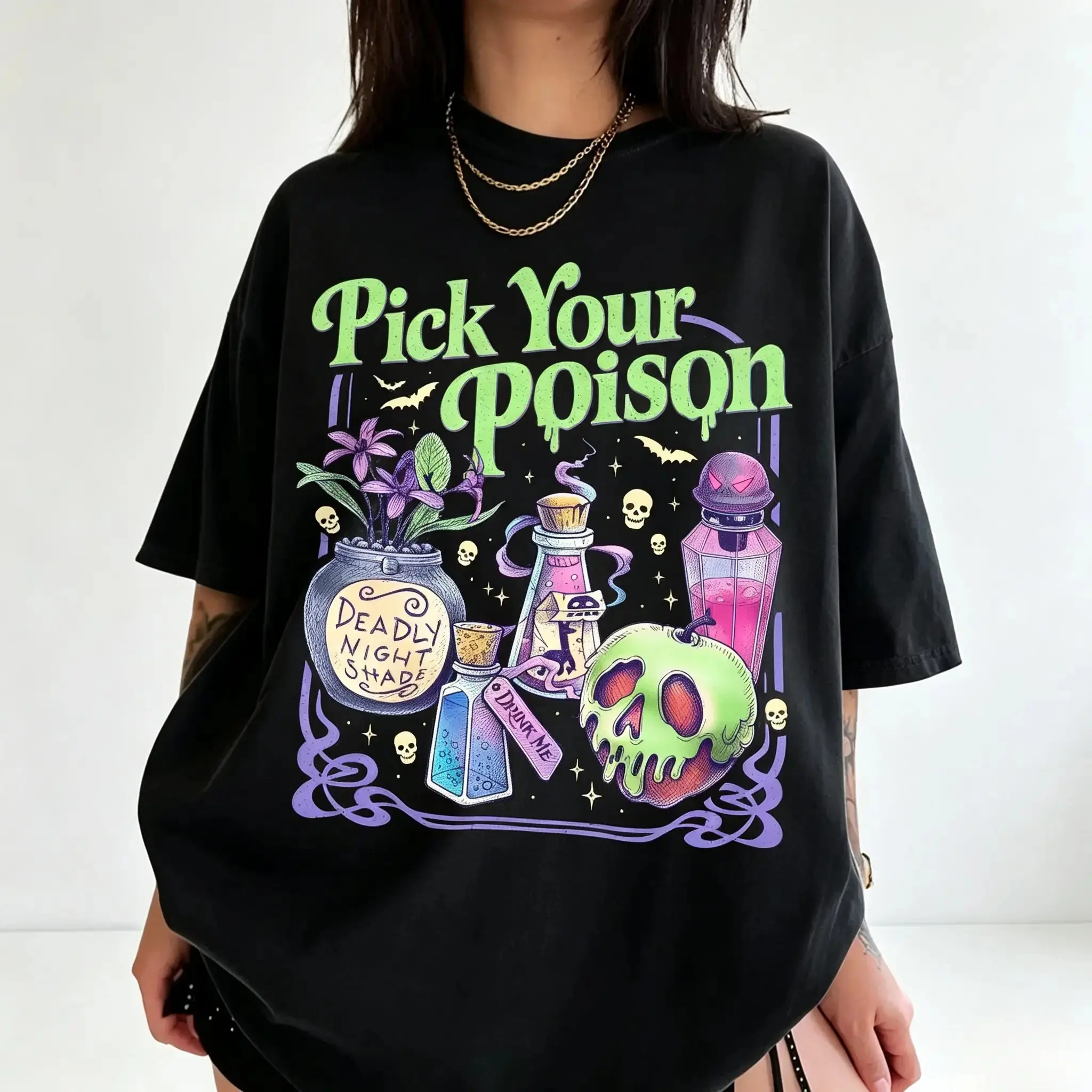Pick Your Poison Vintage Halloween T-Shirt, Apple Villain Graphic Tee, Spooky Season Fall Gift for Women