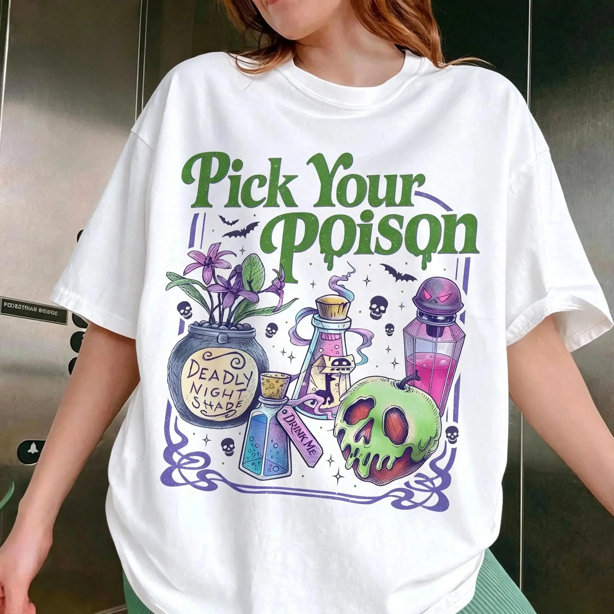 Pick Your Poison Vintage Halloween T-Shirt, Apple Villain Graphic Tee, Spooky Season Fall Gift for Women - photo 2
