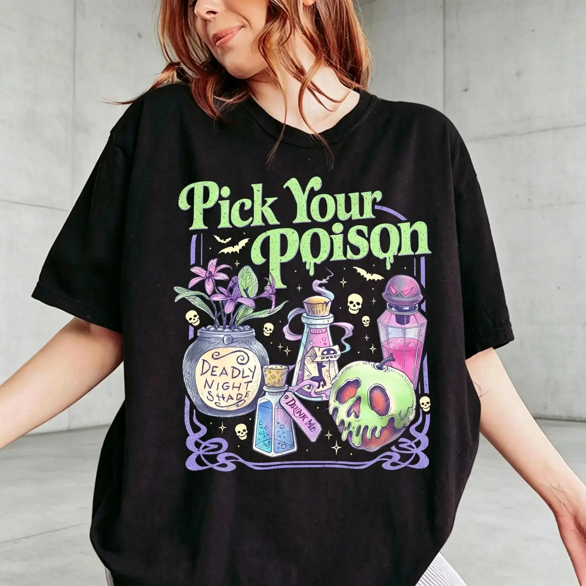 Pick Your Poison Vintage Halloween T-Shirt, Apple Villain Graphic Tee, Spooky Season Fall Gift for Women - photo 3