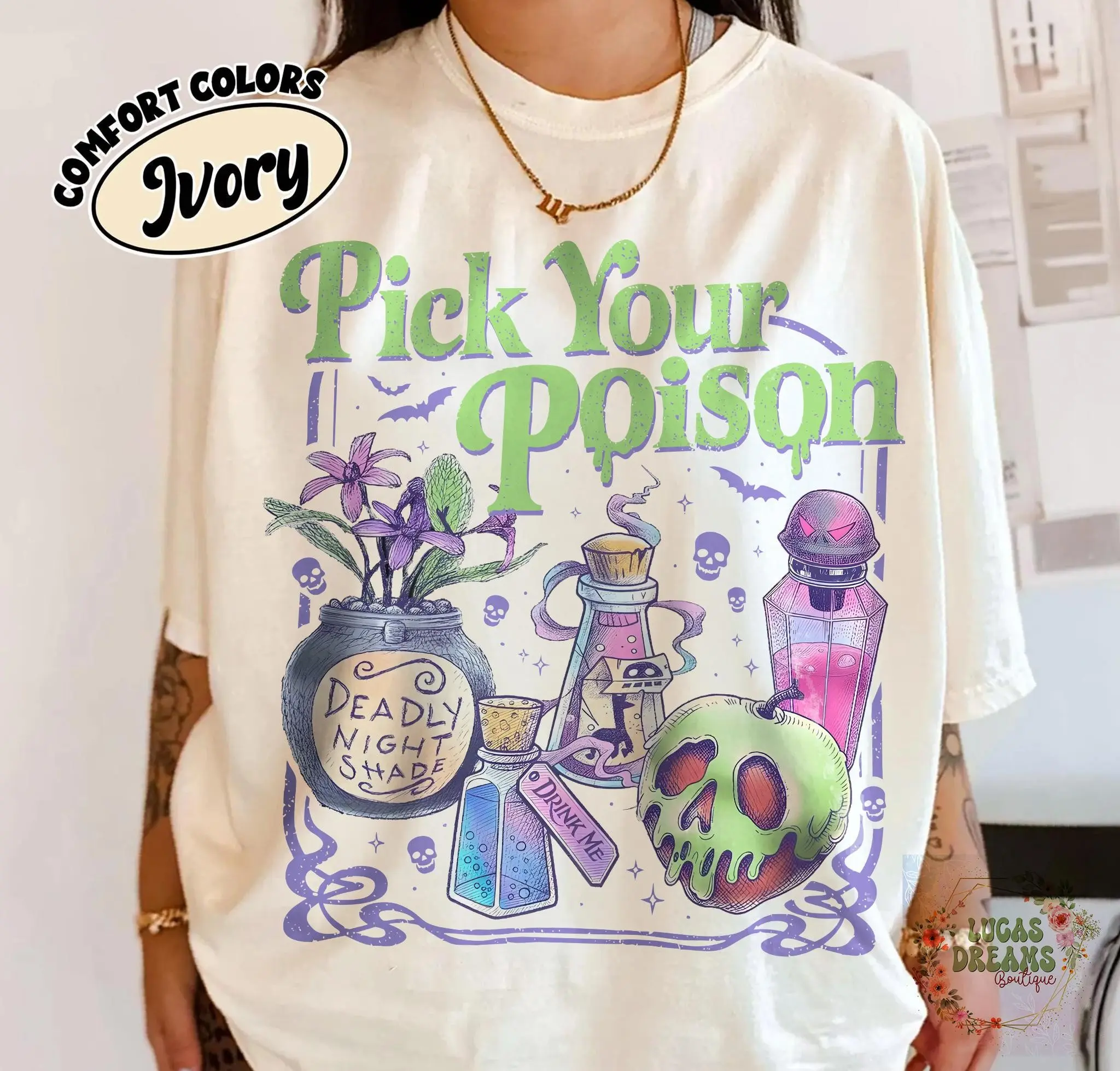 Comfort Colors Pick Your Poison Shirt, Vintage Halloween Princess Villain Apple Costume Tee for Women