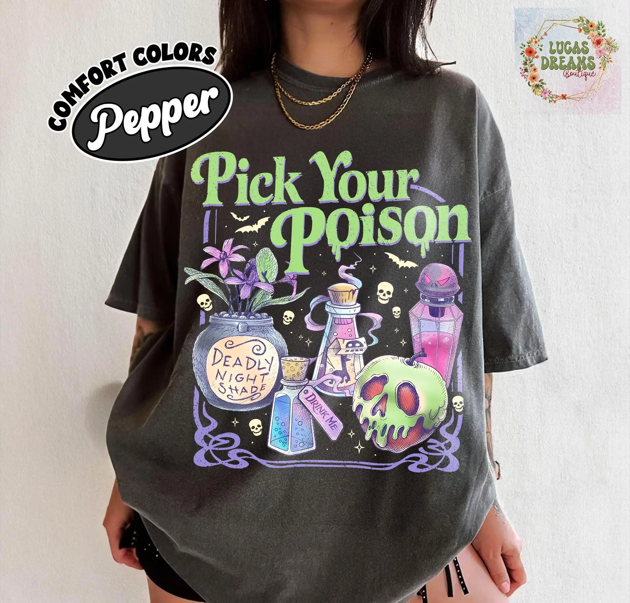 Comfort Colors Pick Your Poison Shirt, Vintage Halloween Princess Villain Apple Costume Tee for Women - photo 2