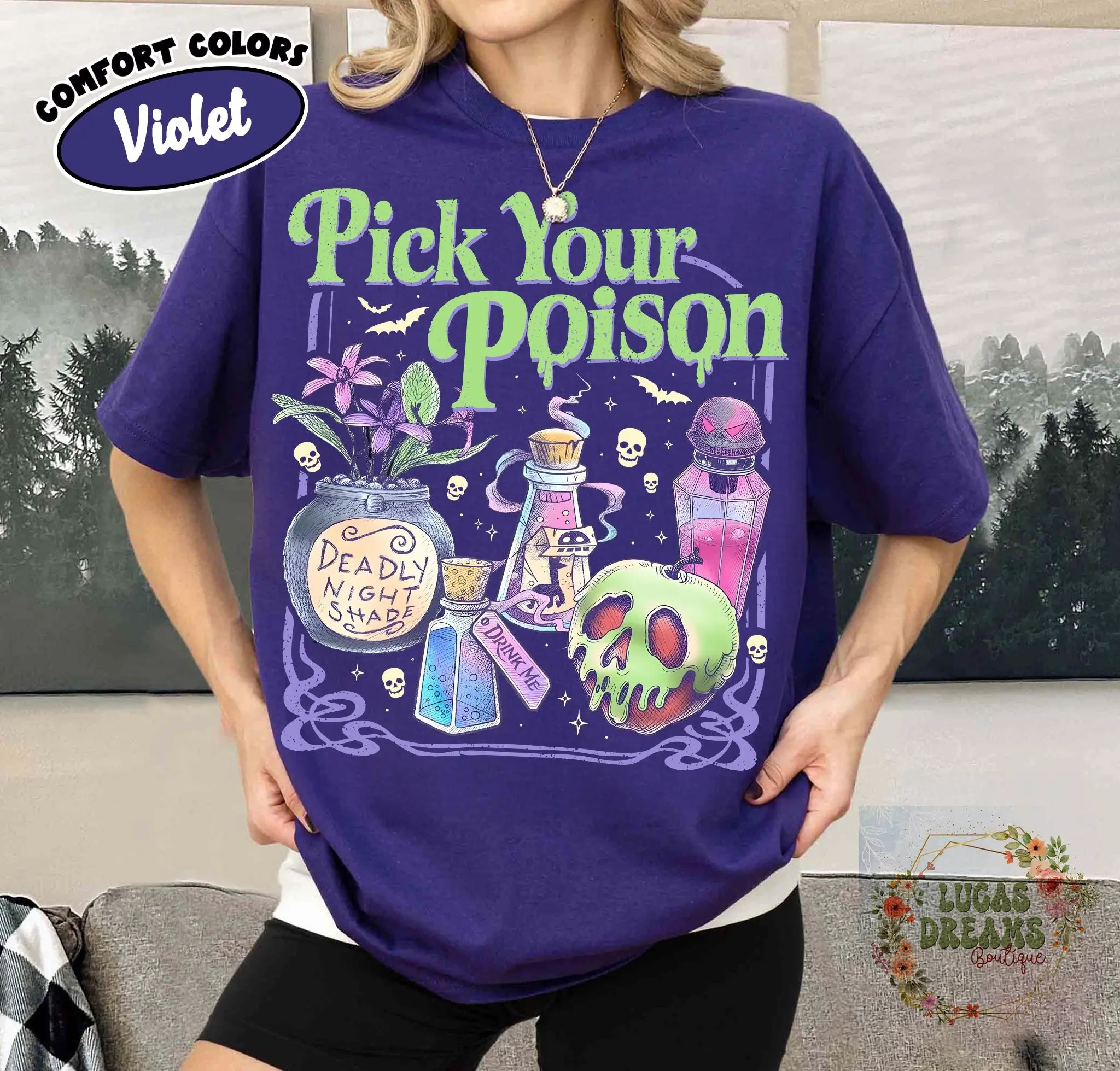 Comfort Colors Pick Your Poison Shirt, Vintage Halloween Princess Villain Apple Costume Tee for Women - photo 3