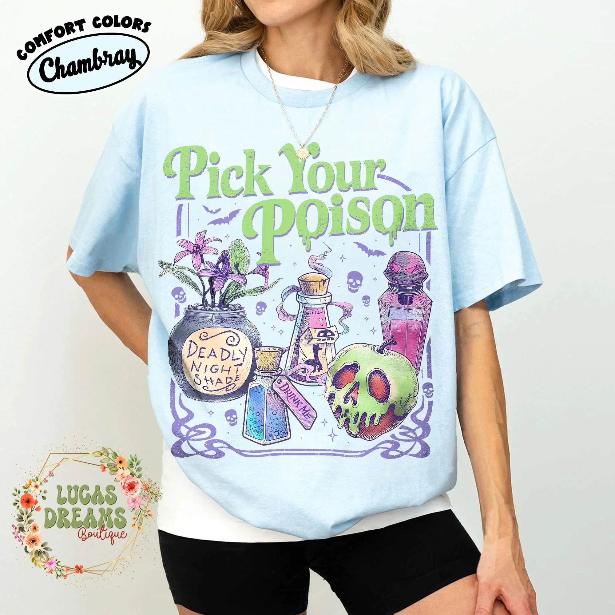 Comfort Colors Pick Your Poison Shirt, Vintage Halloween Princess Villain Apple Costume Tee for Women - photo 5