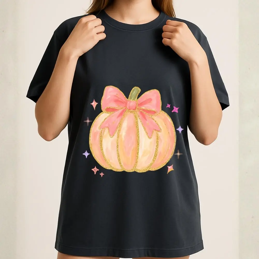 Pink Pumpkin Breast Cancer Awareness T-Shirt for Women, Fall Halloween October Bow Graphic Tee, Hand Drawn Gold Glitter Top
