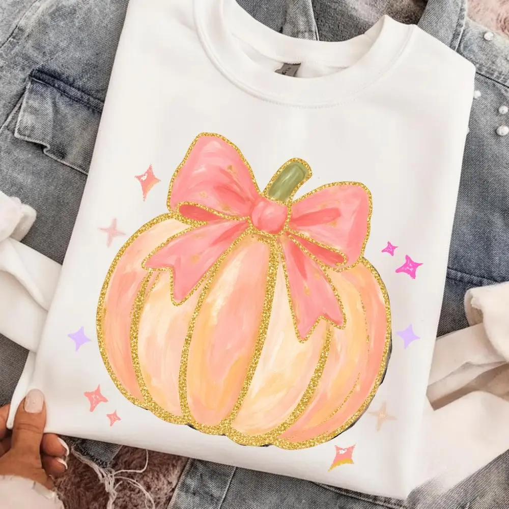 Pink Pumpkin Breast Cancer Awareness T-Shirt for Women, Fall Halloween October Bow Graphic Tee, Hand Drawn Gold Glitter Top - photo 2
