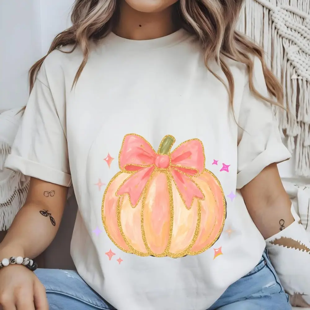Pink Pumpkin Breast Cancer Awareness T-Shirt for Women, Fall Halloween October Bow Graphic Tee, Hand Drawn Gold Glitter Top - photo 3