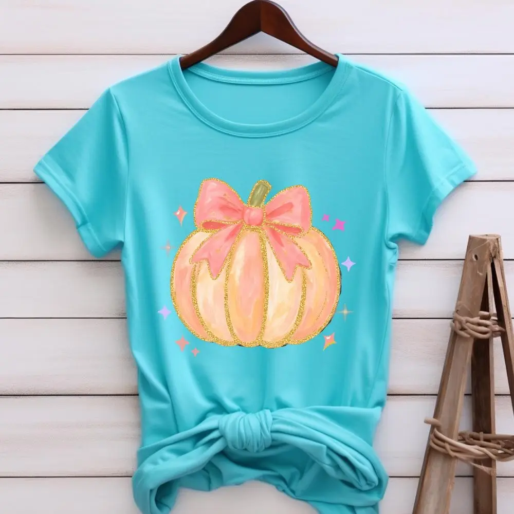 Pink Pumpkin Breast Cancer Awareness T-Shirt for Women, Fall Halloween October Bow Graphic Tee, Hand Drawn Gold Glitter Top - photo 4