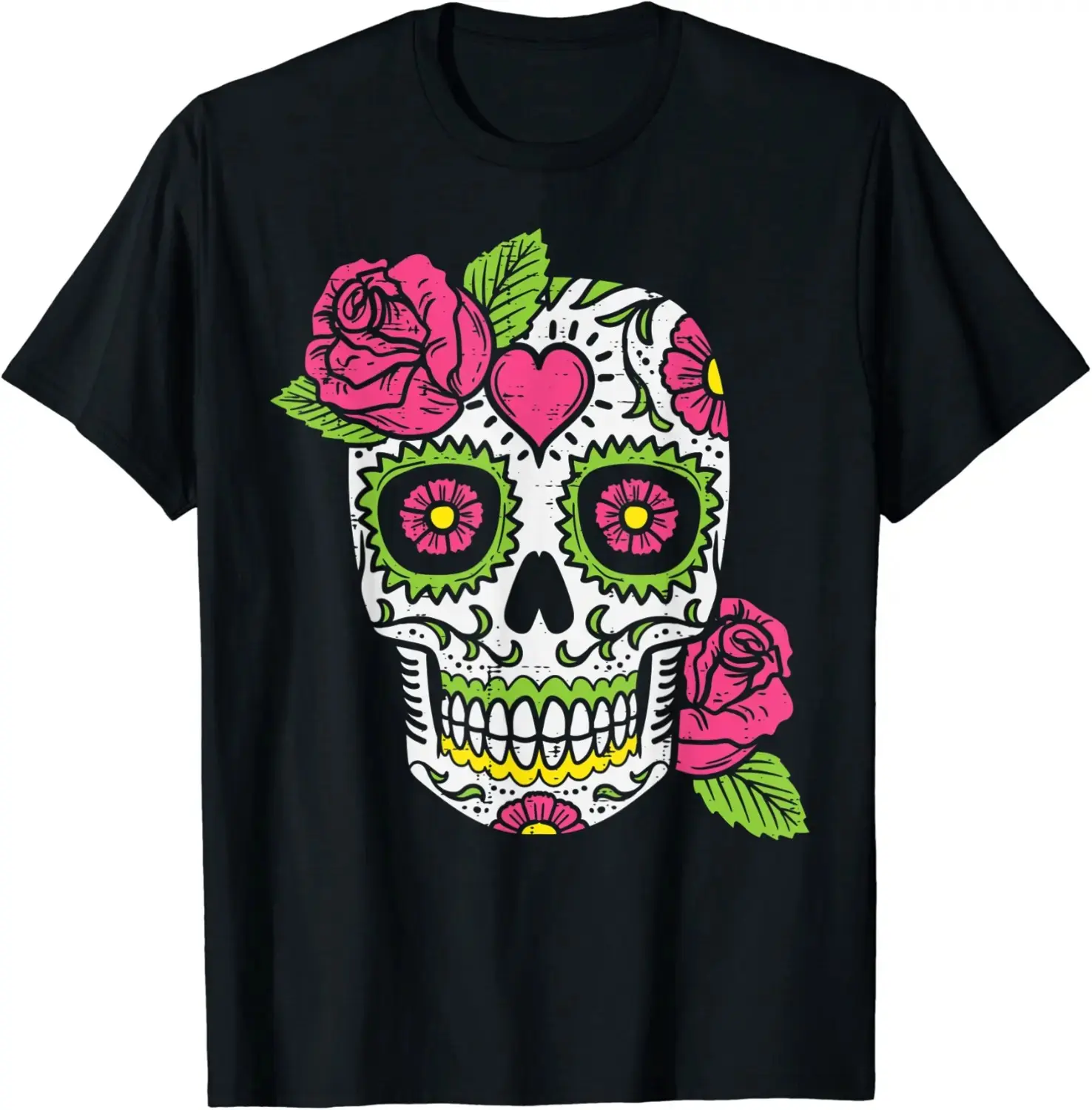 Pink Rose Sugar Skull T-Shirt, Dia De Los Muertos Mexican Day of the Dead Halloween Tee for Women