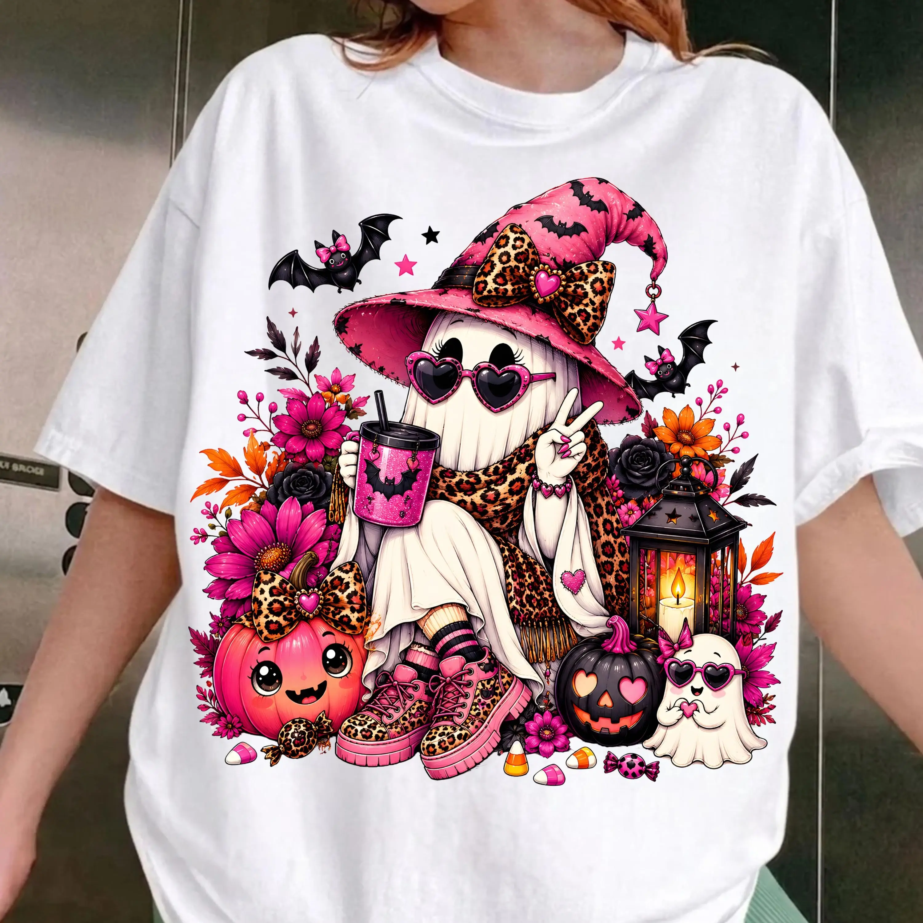 Pink Witch Spooky Fall Coffee Ghost Comfort Colors Shirt, Cute Halloween Coquette Season Graphic Tee
