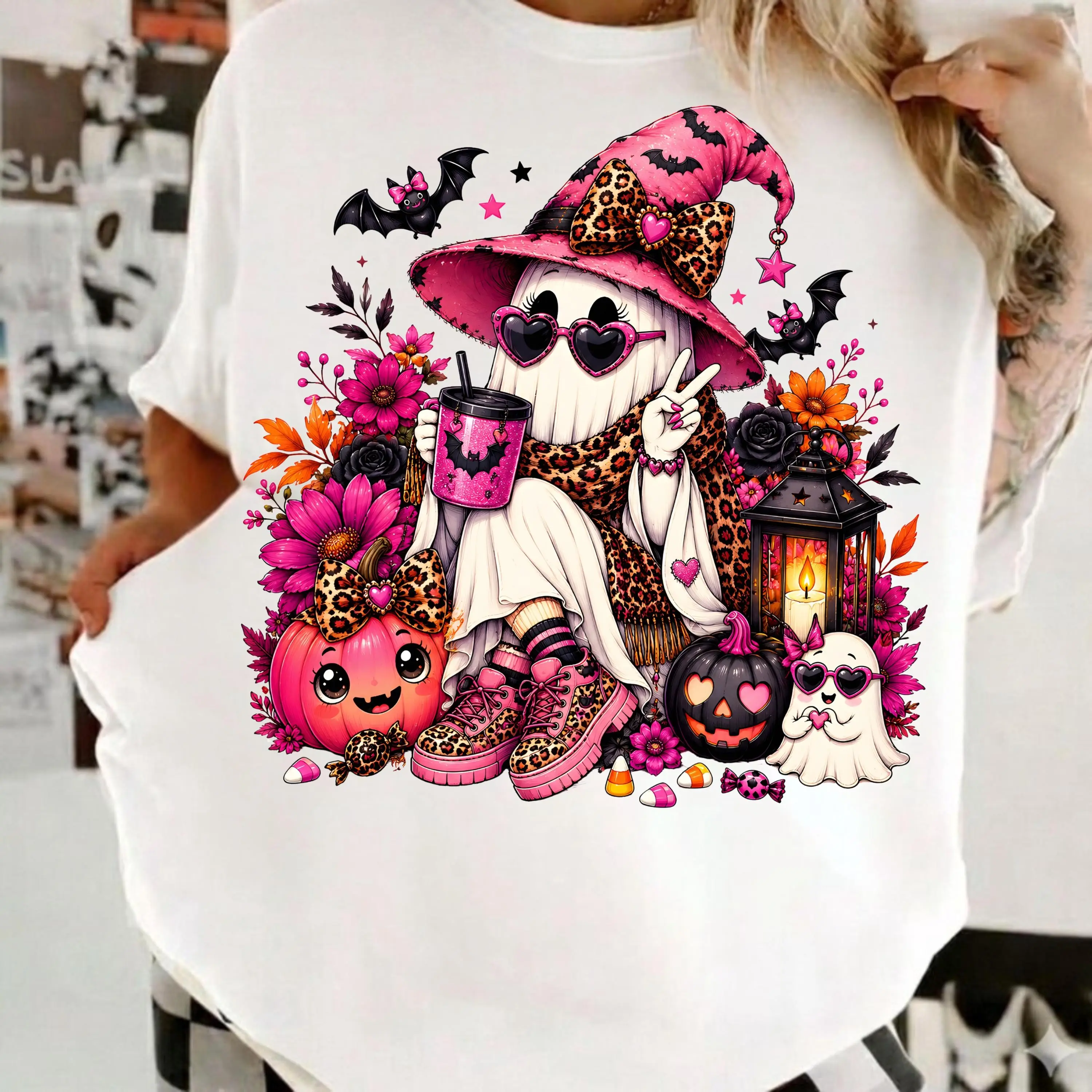 Pink Witch Spooky Fall Coffee Ghost Comfort Colors Shirt, Cute Halloween Coquette Season Graphic Tee - photo 2